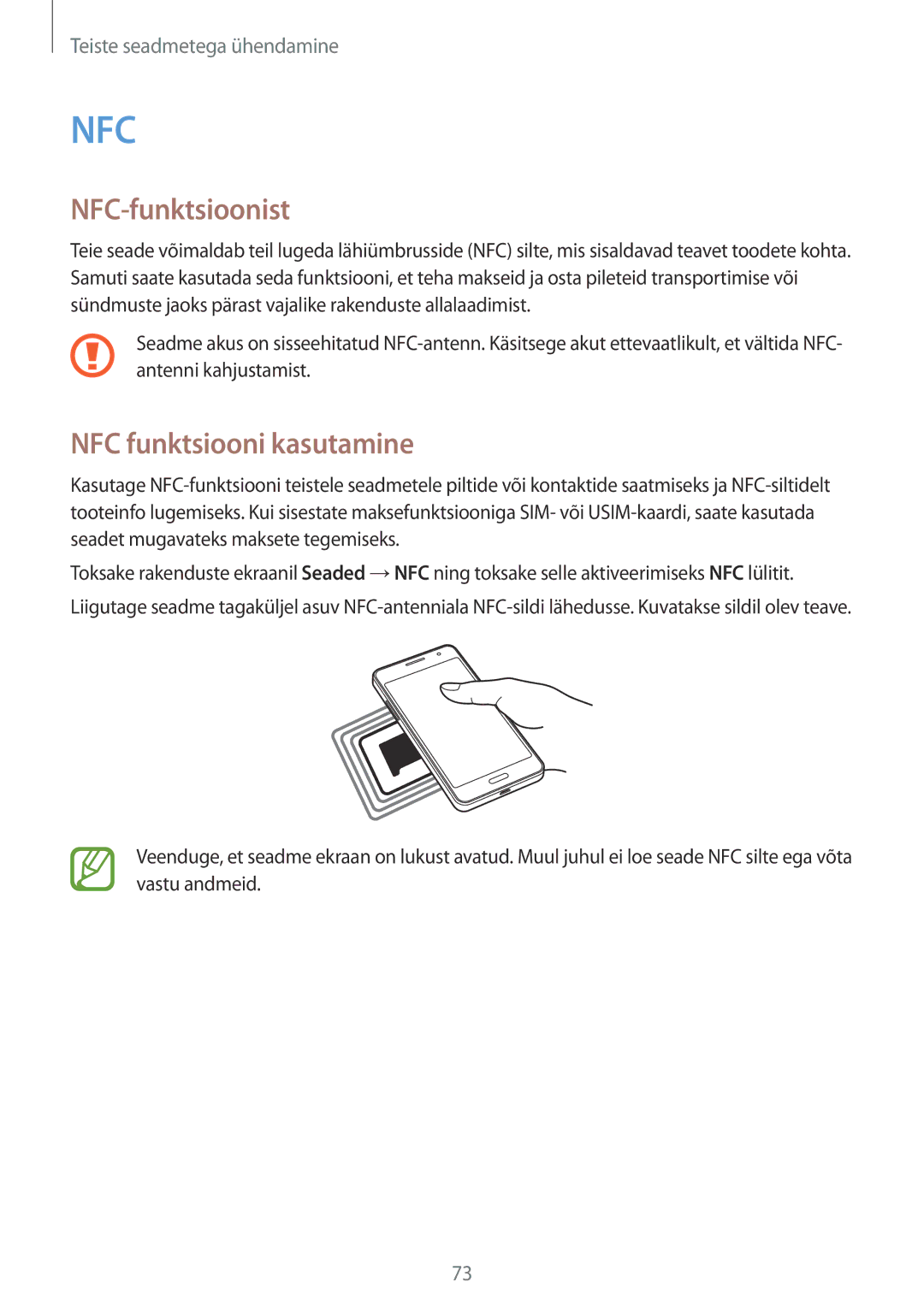 Samsung SM-G530FZDASEB, SM-G530FZWASEB, SM-G530FZAASEB manual NFC-funktsioonist, NFC funktsiooni kasutamine 