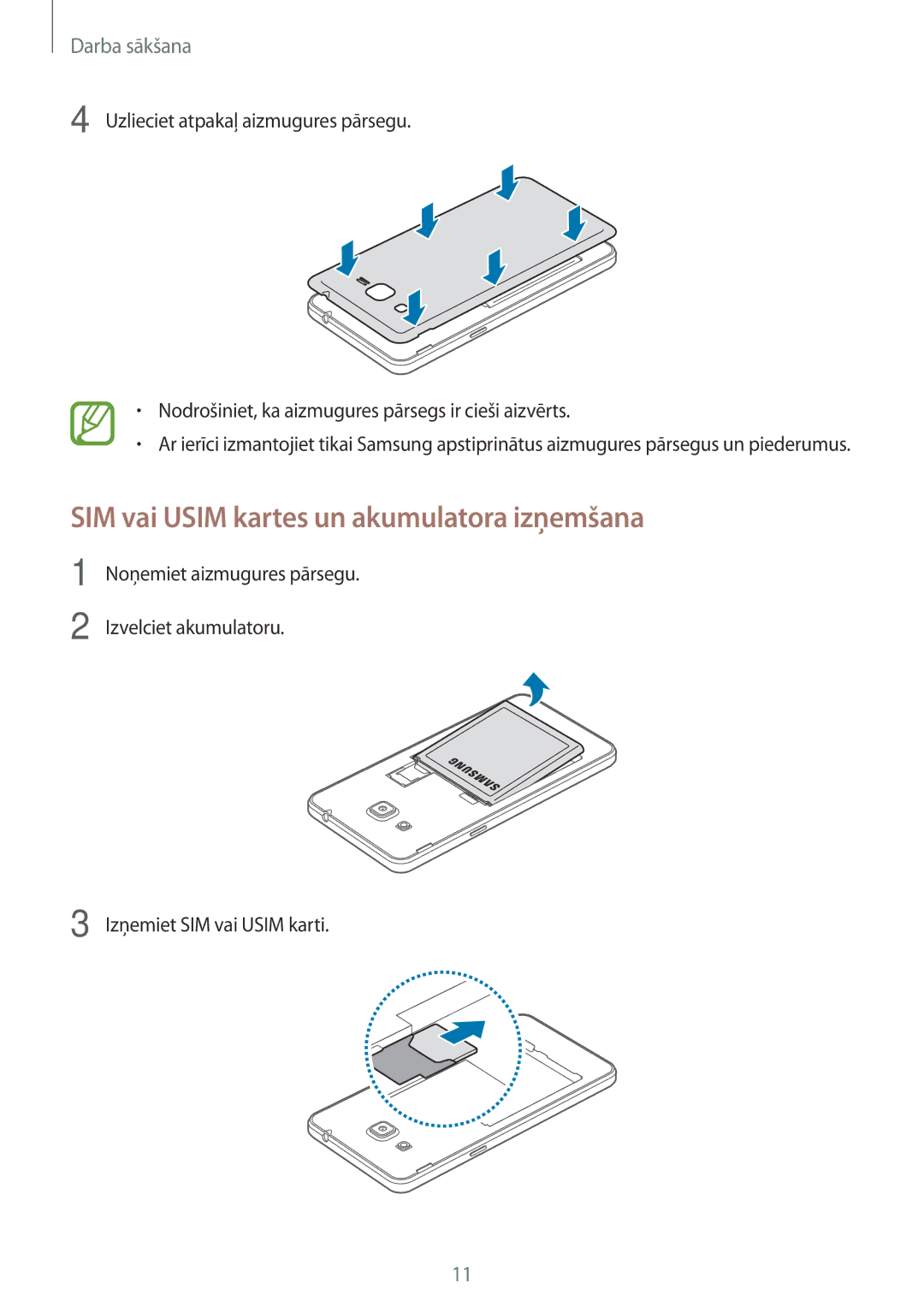 Samsung SM-G530FZAASEB, SM-G530FZWASEB, SM-G530FZDASEB manual SIM vai Usim kartes un akumulatora izņemšana 