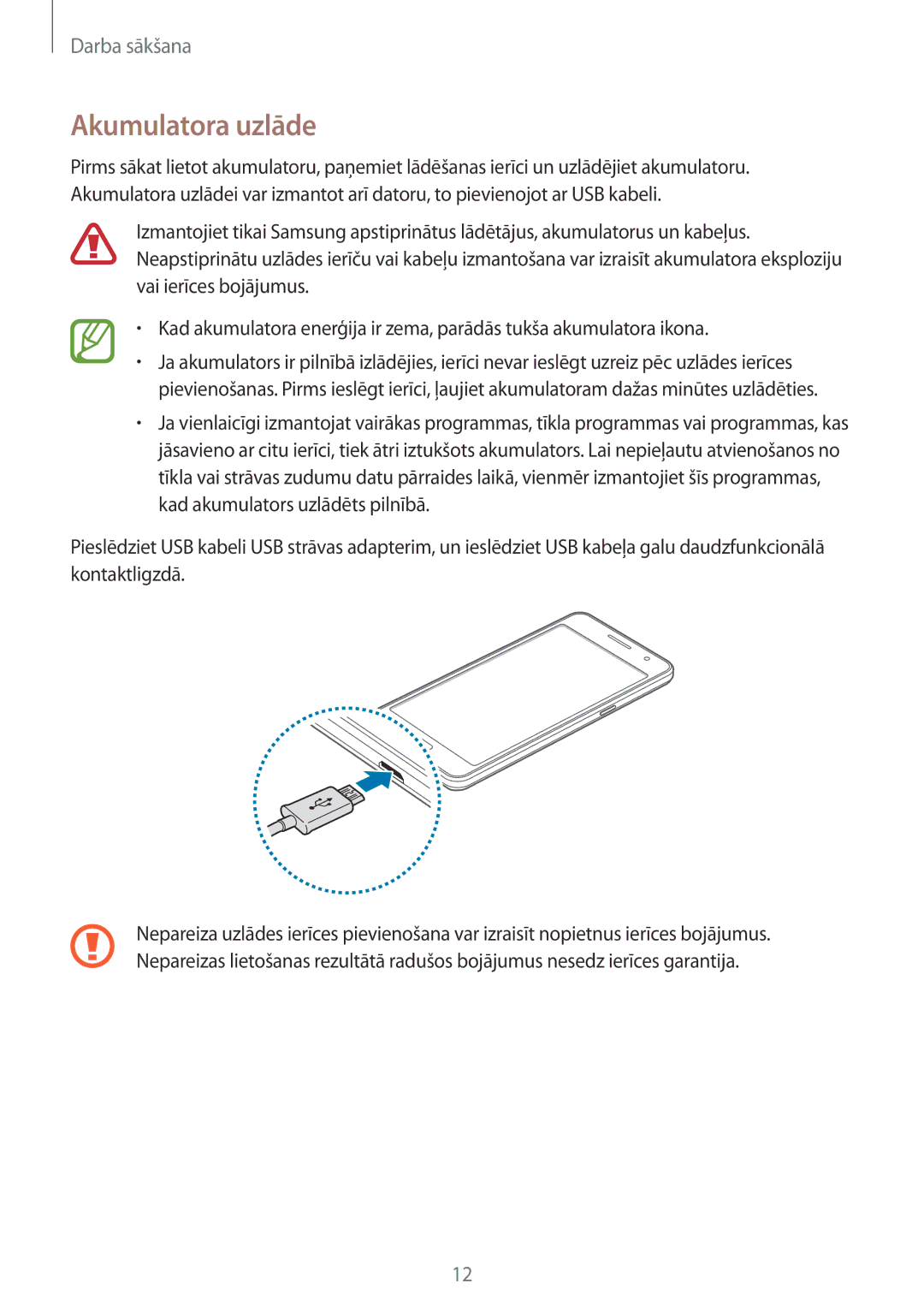 Samsung SM-G530FZWASEB, SM-G530FZDASEB, SM-G530FZAASEB manual Akumulatora uzlāde 