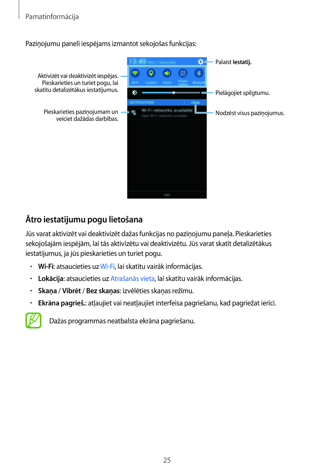 Samsung SM-G530FZDASEB manual Ātro iestatījumu pogu lietošana, Paziņojumu panelī iespējams izmantot sekojošas funkcijas 