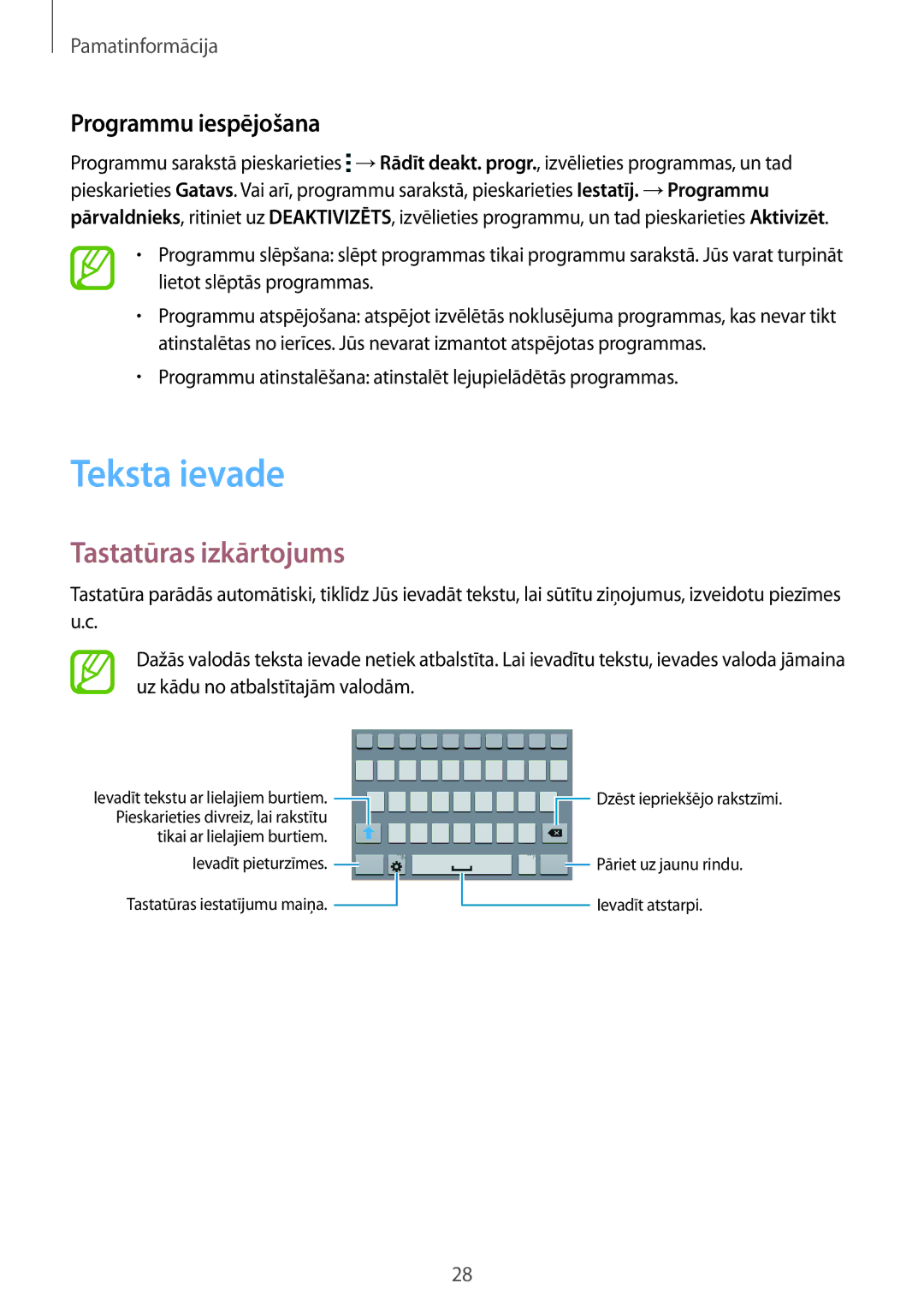 Samsung SM-G530FZDASEB, SM-G530FZWASEB, SM-G530FZAASEB manual Teksta ievade, Tastatūras izkārtojums, Programmu iespējošana 