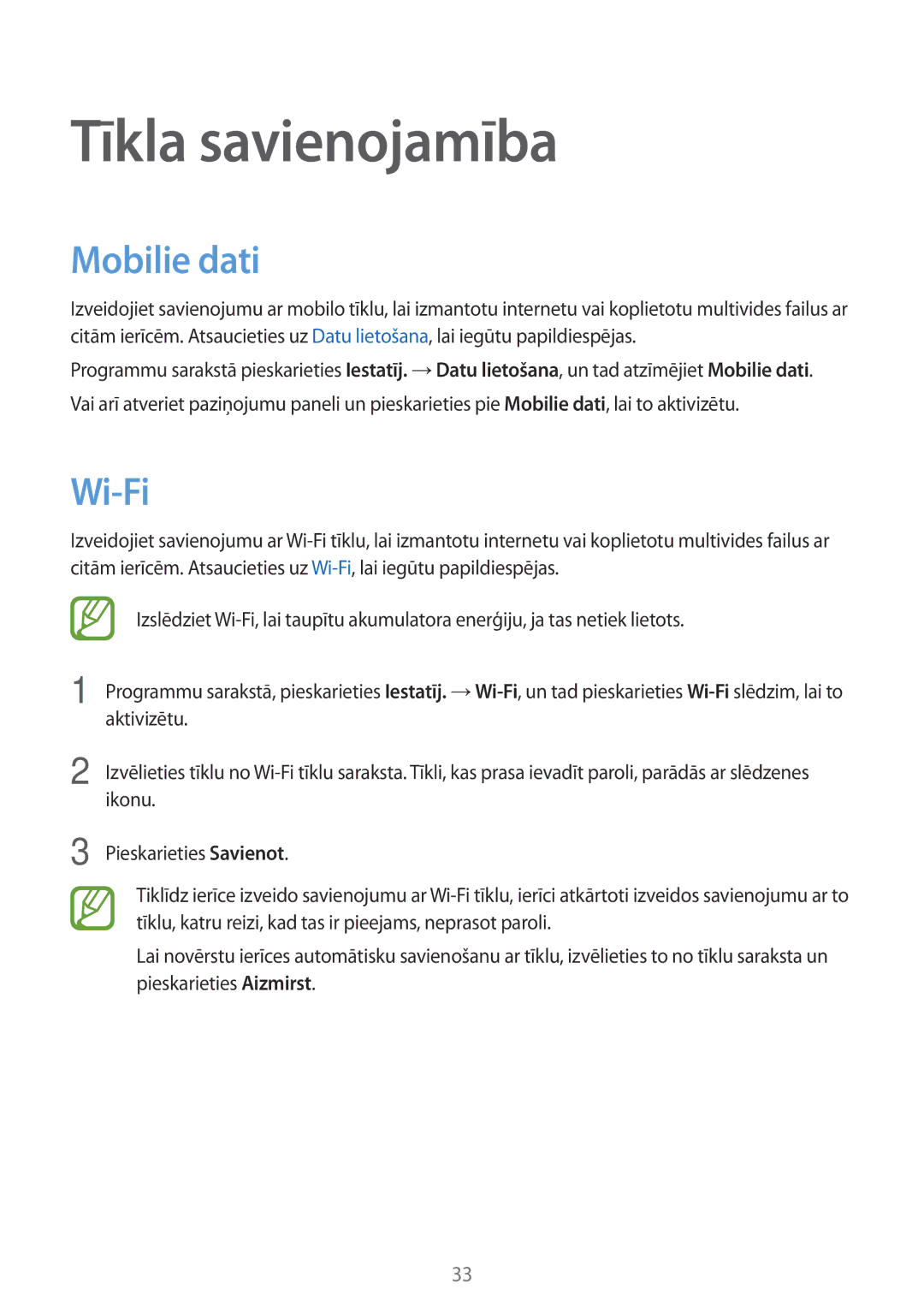 Samsung SM-G530FZWASEB, SM-G530FZDASEB, SM-G530FZAASEB manual Tīkla savienojamība, Mobilie dati, Wi-Fi 