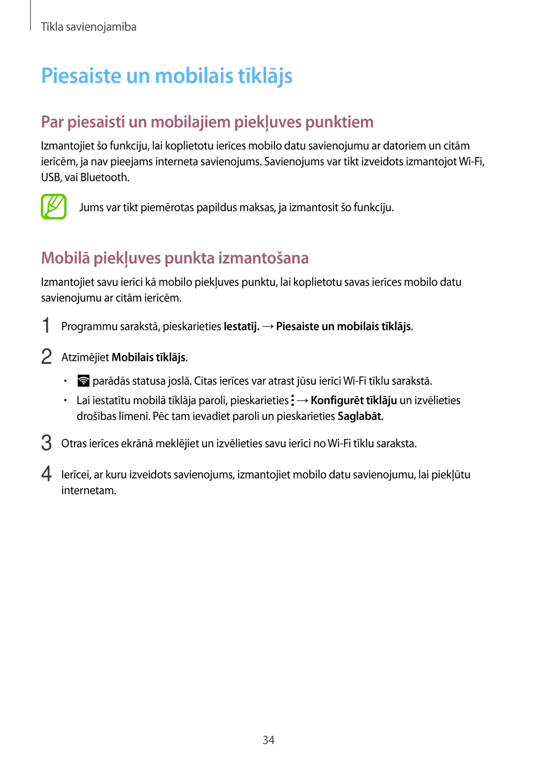 Samsung SM-G530FZDASEB, SM-G530FZWASEB manual Piesaiste un mobilais tīklājs, Par piesaisti un mobilajiem piekļuves punktiem 