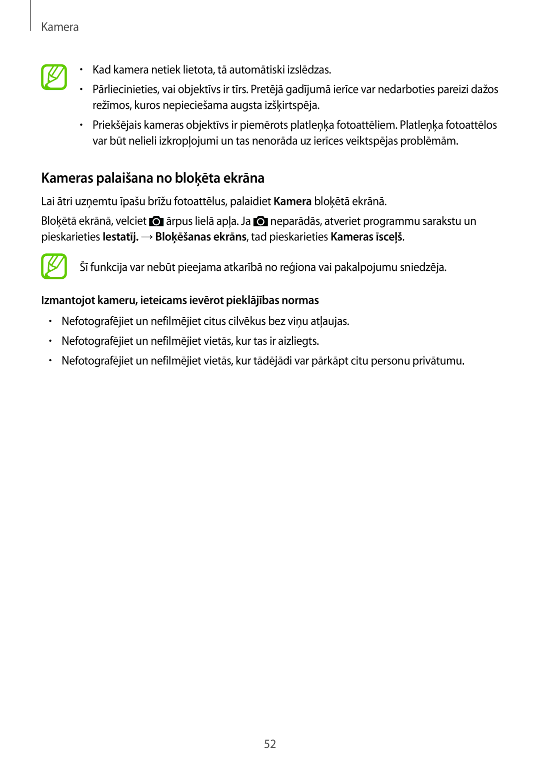 Samsung SM-G530FZDASEB manual Kameras palaišana no bloķēta ekrāna, Izmantojot kameru, ieteicams ievērot pieklājības normas 