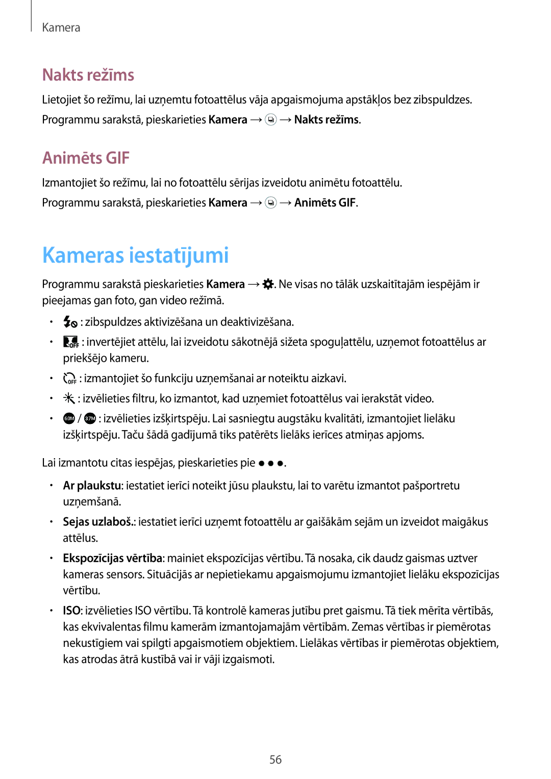 Samsung SM-G530FZAASEB, SM-G530FZWASEB, SM-G530FZDASEB manual Kameras iestatījumi, Nakts režīms, Animēts GIF 