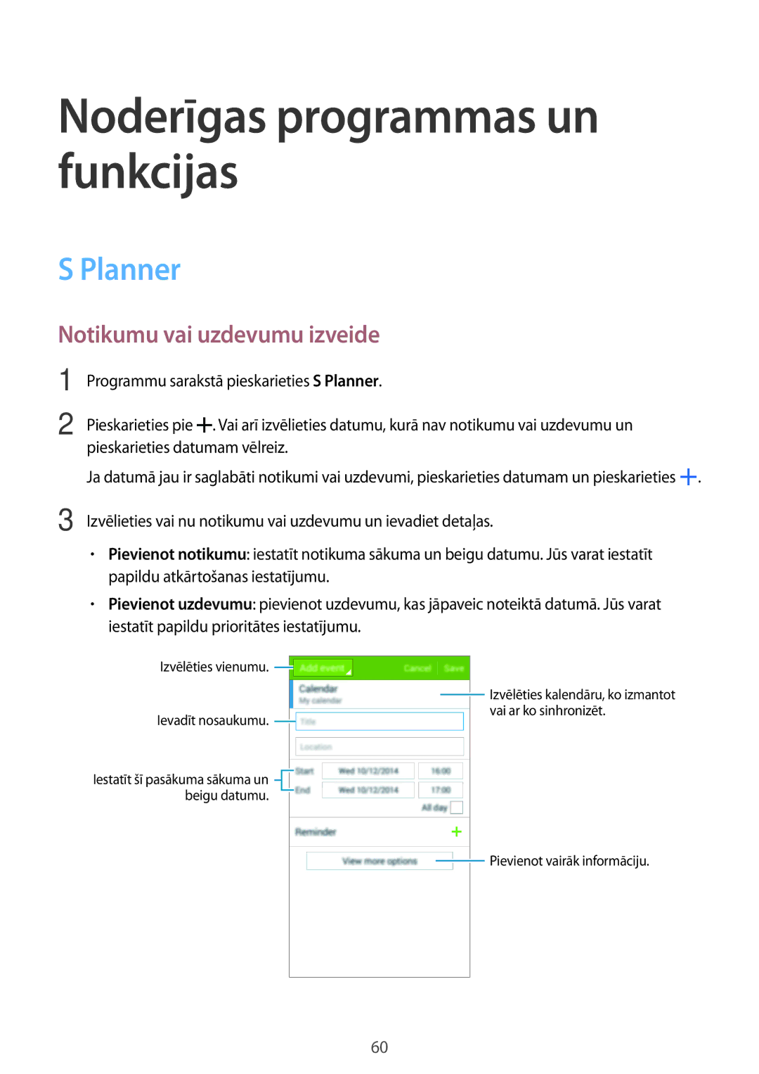 Samsung SM-G530FZWASEB, SM-G530FZDASEB, SM-G530FZAASEB manual Planner, Notikumu vai uzdevumu izveide 