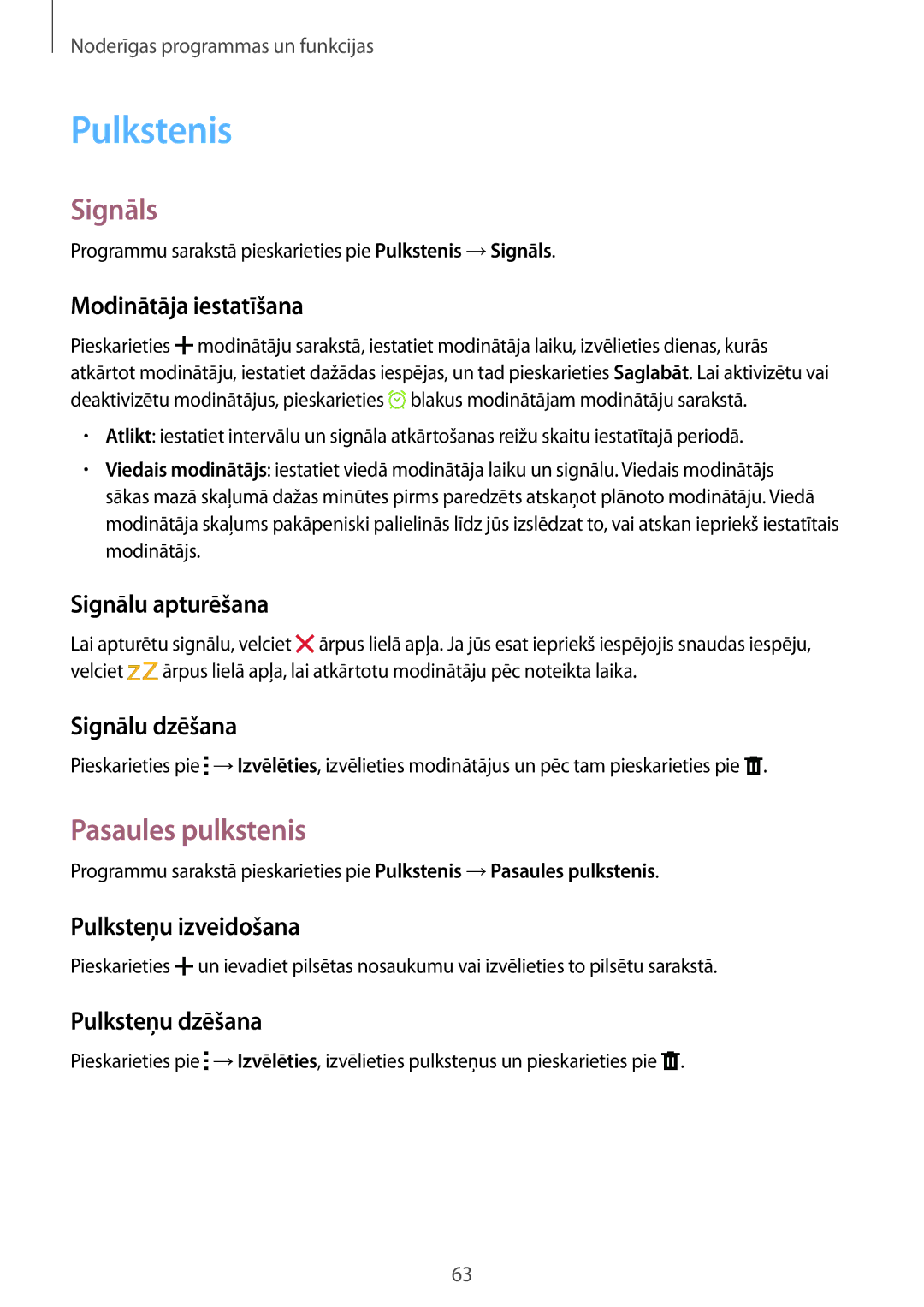 Samsung SM-G530FZWASEB, SM-G530FZDASEB, SM-G530FZAASEB manual Pulkstenis, Signāls, Pasaules pulkstenis 