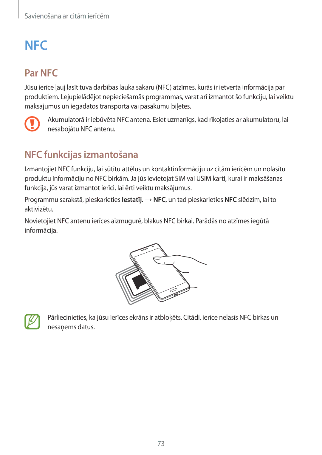 Samsung SM-G530FZDASEB, SM-G530FZWASEB, SM-G530FZAASEB manual Par NFC, NFC funkcijas izmantošana 