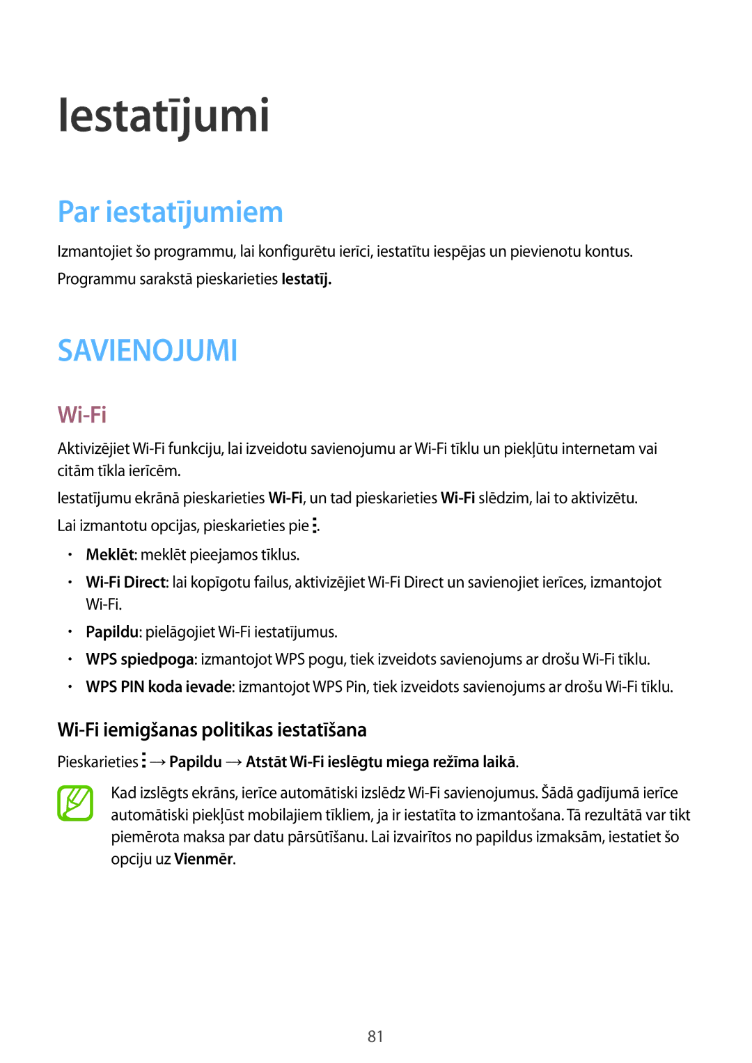 Samsung SM-G530FZWASEB, SM-G530FZDASEB manual Iestatījumi, Par iestatījumiem, Wi-Fi iemigšanas politikas iestatīšana 