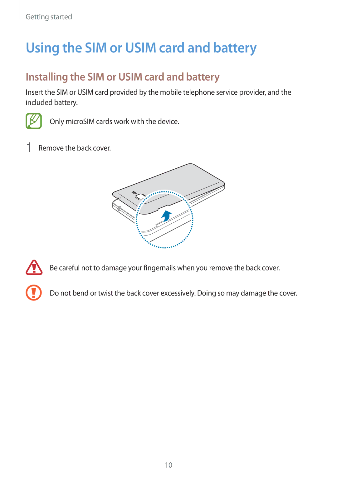 Samsung SM-G530HZWDMBC, SM-G530HZADKSA Using the SIM or Usim card and battery, Installing the SIM or Usim card and battery 