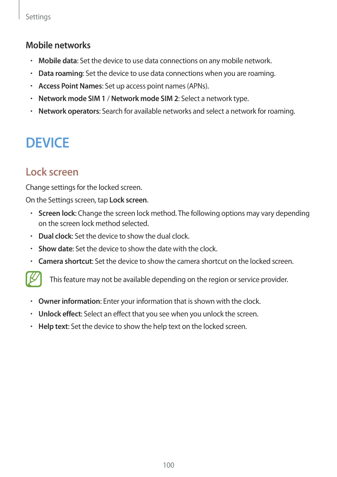 Samsung CG-G530HZABHTM, SM-G530HZADKSA, SM-G530HZADXXV, SM-G530HZAVXXV, SM-G530HZWDXXV manual Lock screen, Mobile networks 