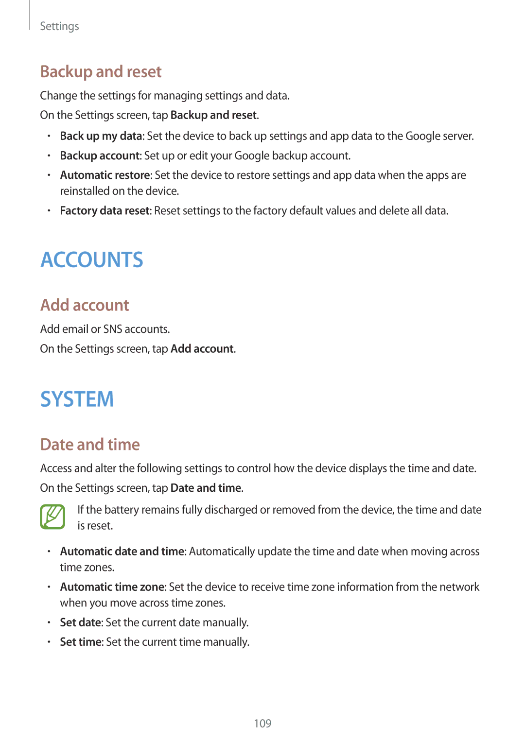 Samsung SM-G530HZWDSER, SM-G530HZADKSA, SM-G530HZADXXV, CG-G530HZABHTM manual Backup and reset, Add account, Date and time 