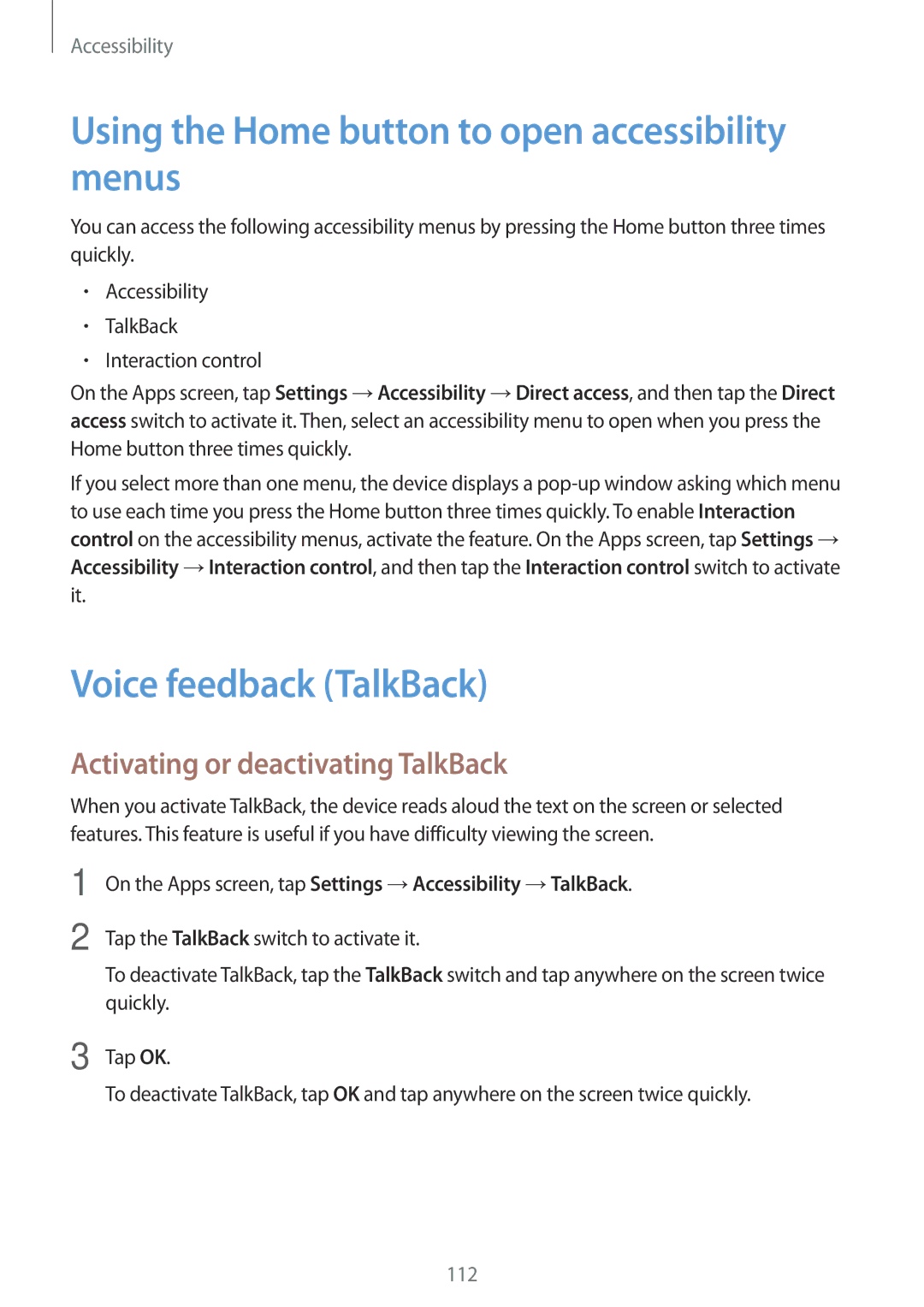 Samsung SM-G530HZADKSA, SM-G530HZADXXV manual Using the Home button to open accessibility menus, Voice feedback TalkBack 