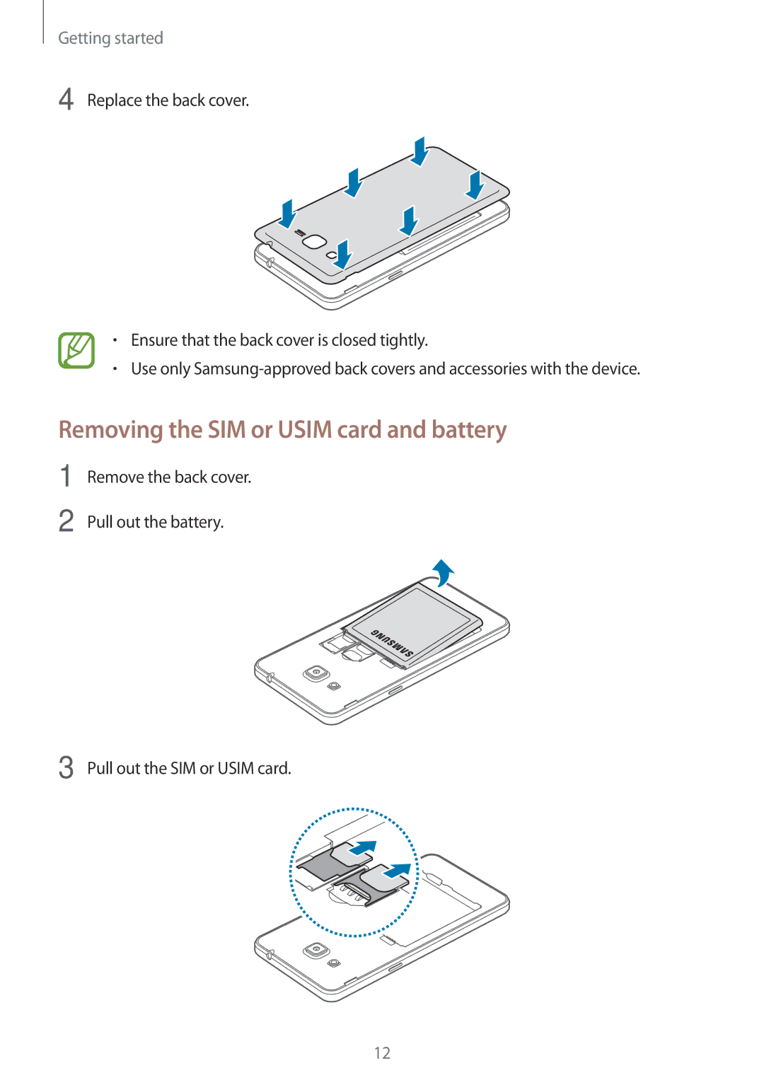 Samsung SM-G530HZAVSER, SM-G530HZADKSA, SM-G530HZADXXV, CG-G530HZABHTM manual Removing the SIM or Usim card and battery 