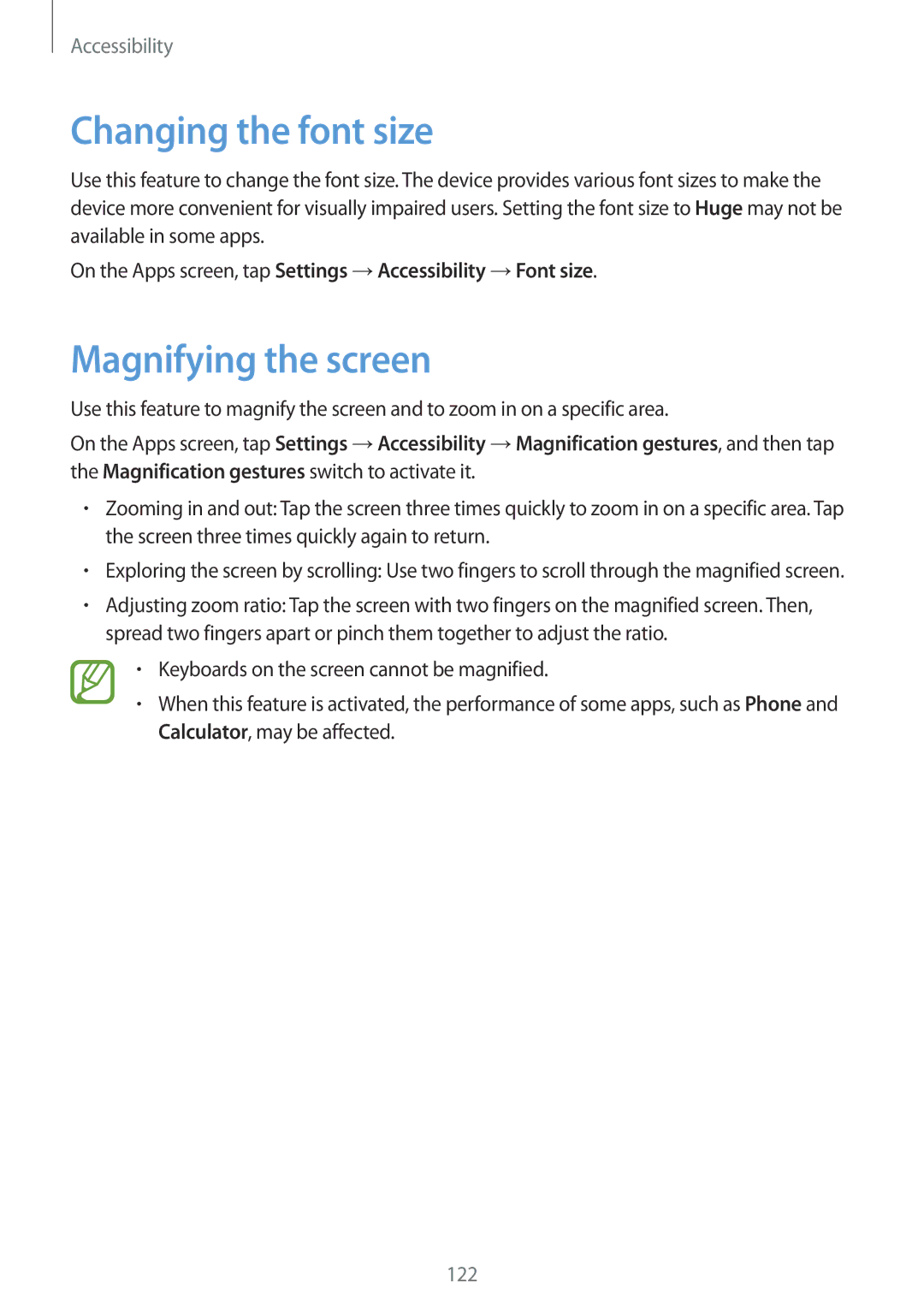 Samsung SM-G530HZWDMBC, SM-G530HZADKSA, SM-G530HZADXXV, CG-G530HZABHTM manual Changing the font size, Magnifying the screen 