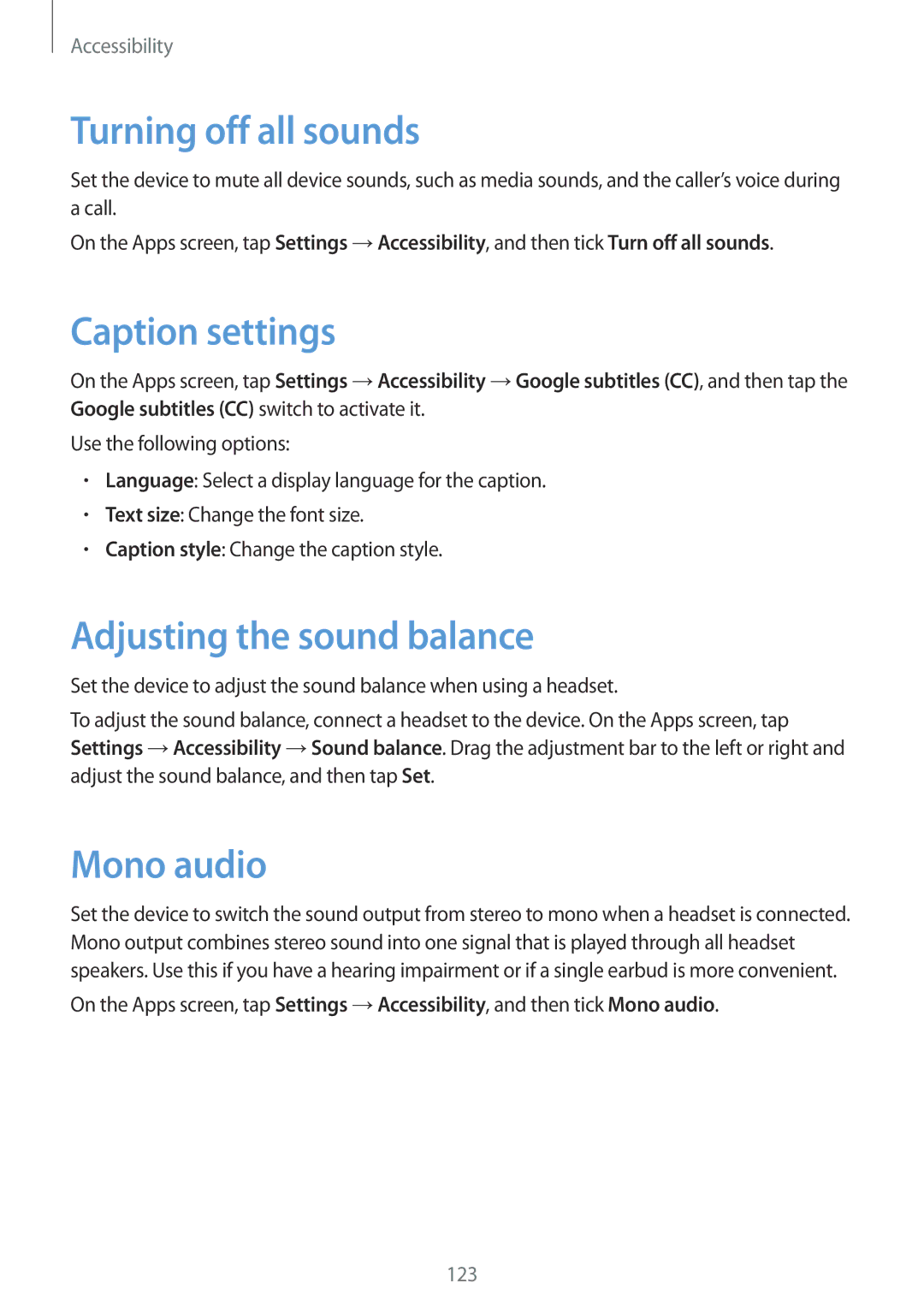 Samsung SM-G530HZWDSER, SM-G530HZADKSA Turning off all sounds, Caption settings, Adjusting the sound balance, Mono audio 