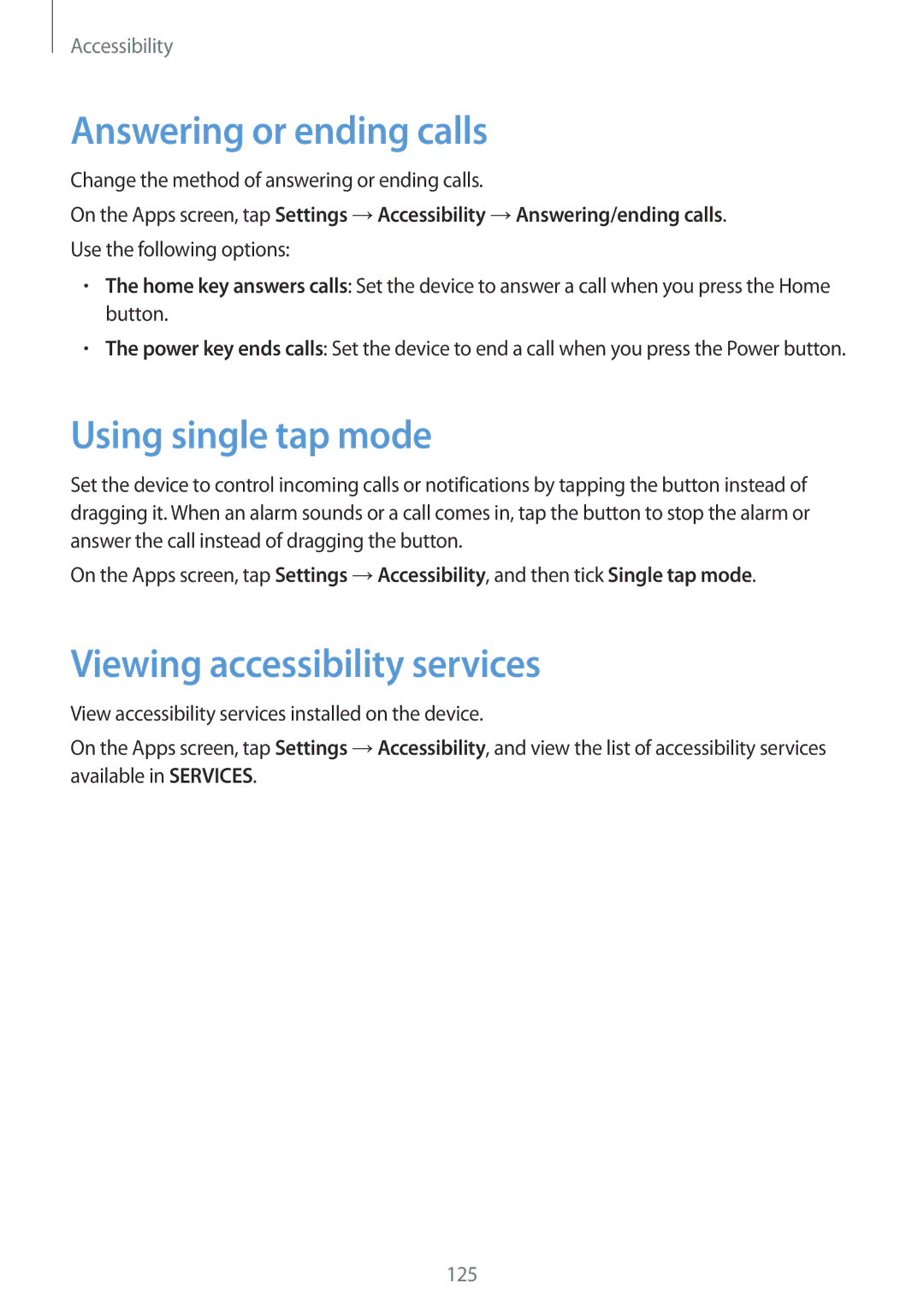 Samsung SM-G530HZWVSER, SM-G530HZADKSA Answering or ending calls, Using single tap mode, Viewing accessibility services 