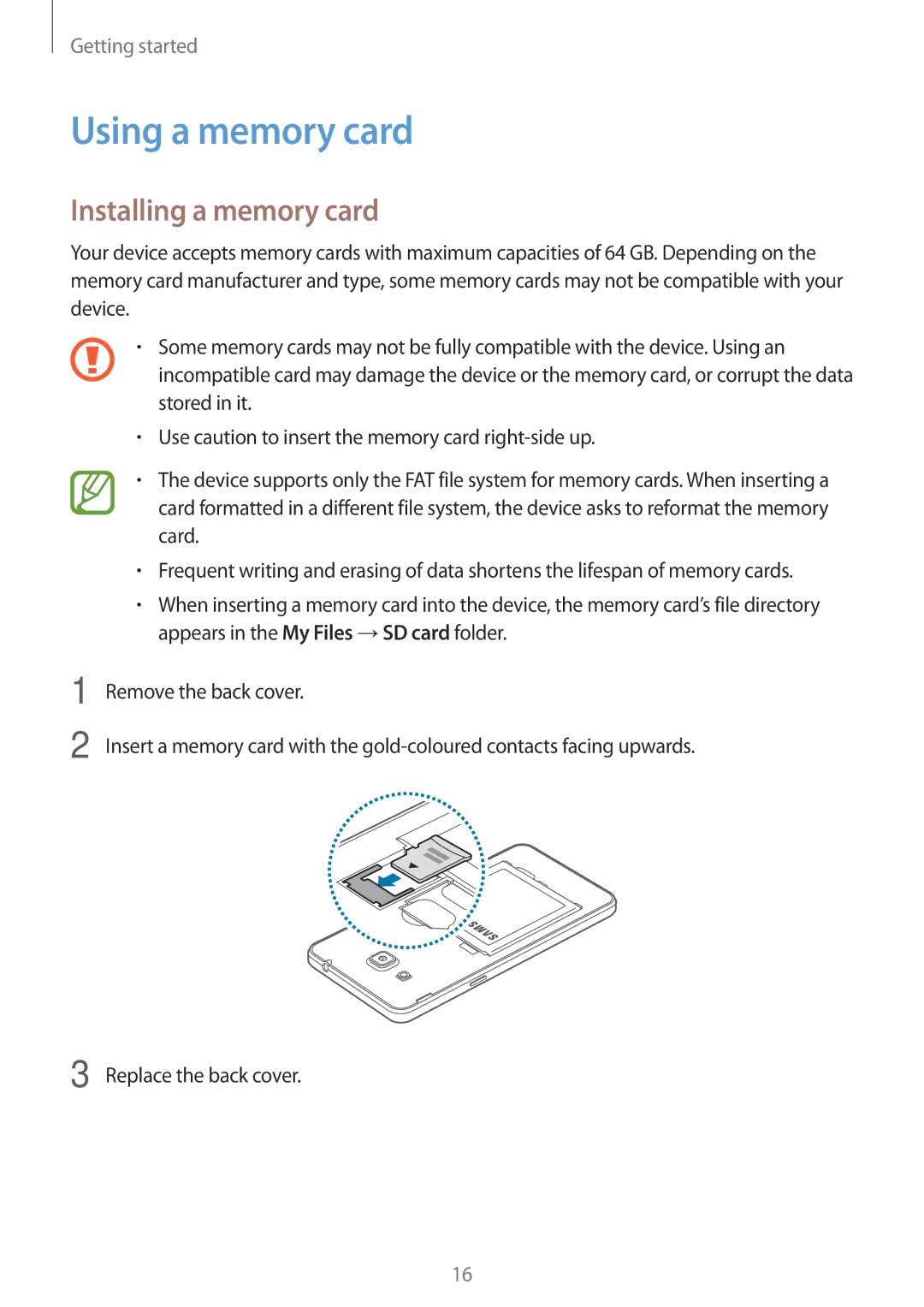 Samsung CG-G530HZABHTM, SM-G530HZADKSA, SM-G530HZADXXV, SM-G530HZAVXXV manual Using a memory card, Installing a memory card 