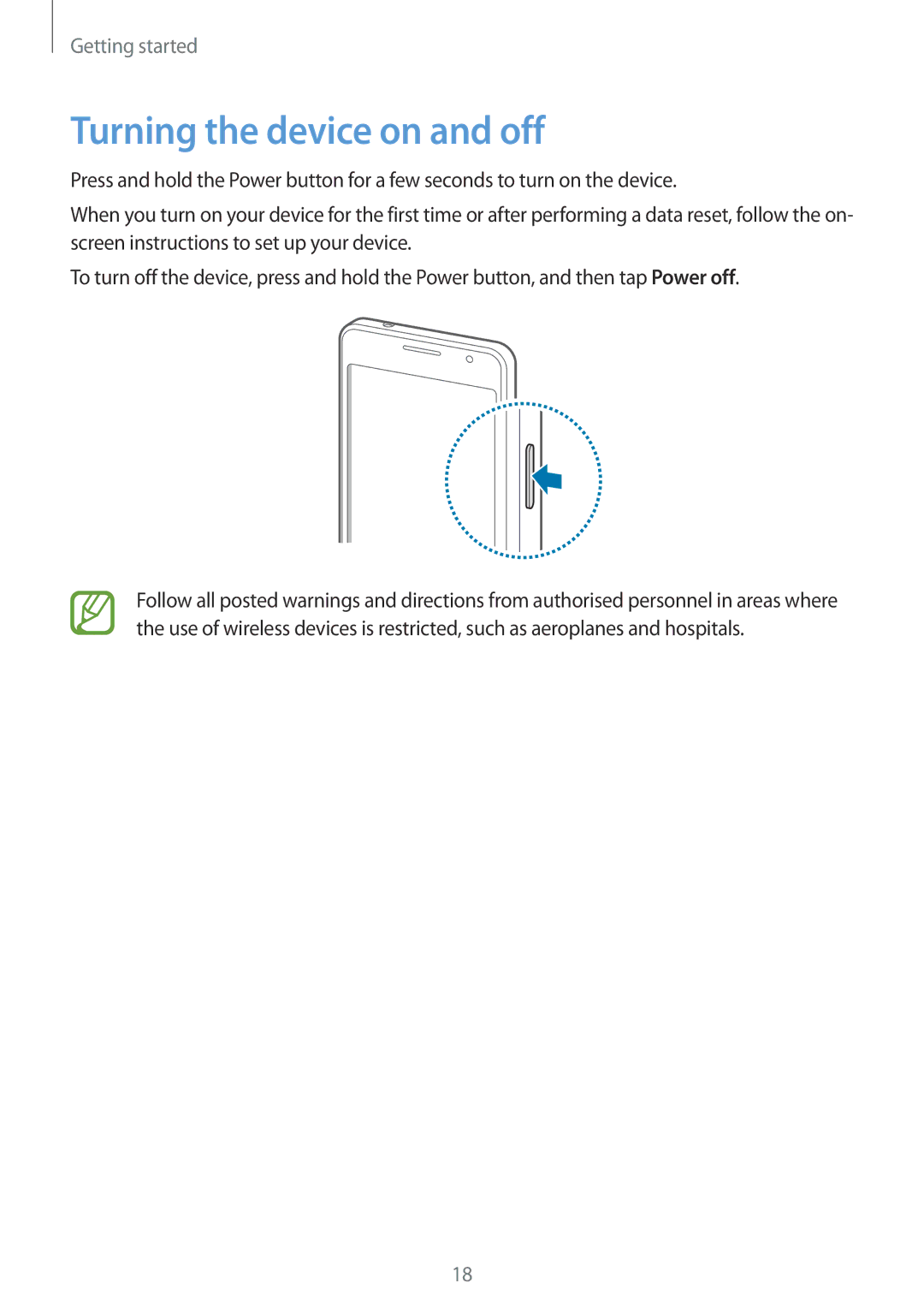 Samsung SM-G530HZWDXXV, SM-G530HZADKSA, SM-G530HZADXXV, CG-G530HZABHTM, SM-G530HZAVXXV manual Turning the device on and off 