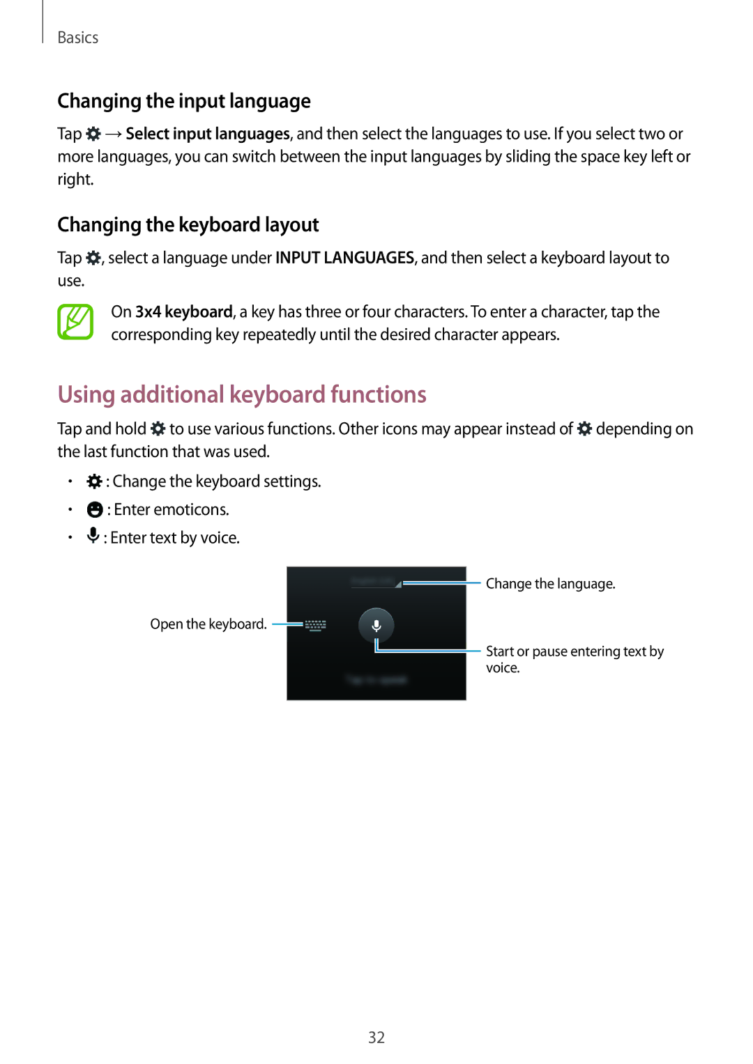 Samsung SM-G530HZWDXXV Using additional keyboard functions, Changing the input language, Changing the keyboard layout 