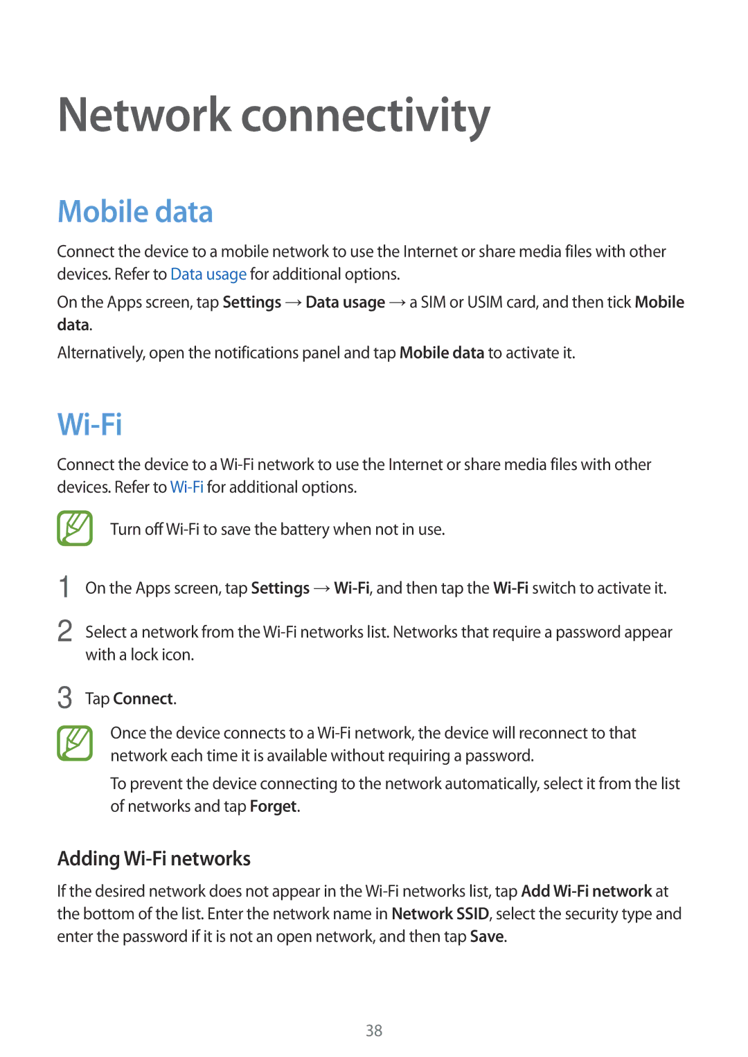 Samsung SM-G530HZWDMBC, SM-G530HZADKSA manual Network connectivity, Mobile data, Adding Wi-Fi networks, Tap Connect 