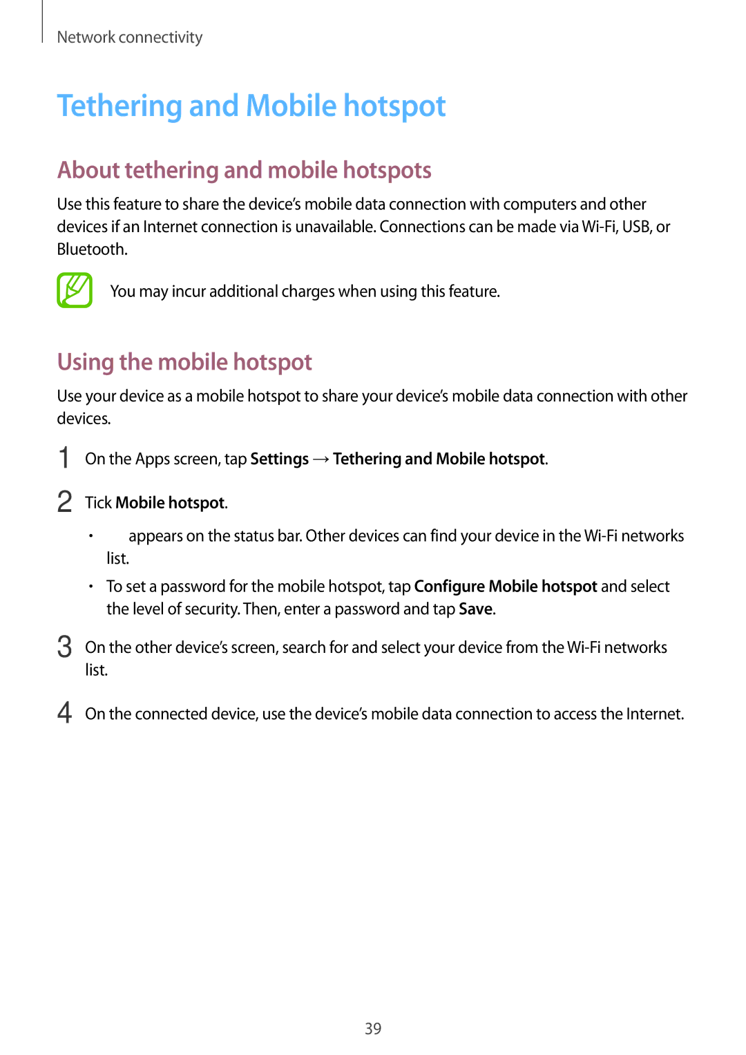 Samsung SM-G530HZWDSER manual Tethering and Mobile hotspot, About tethering and mobile hotspots, Using the mobile hotspot 