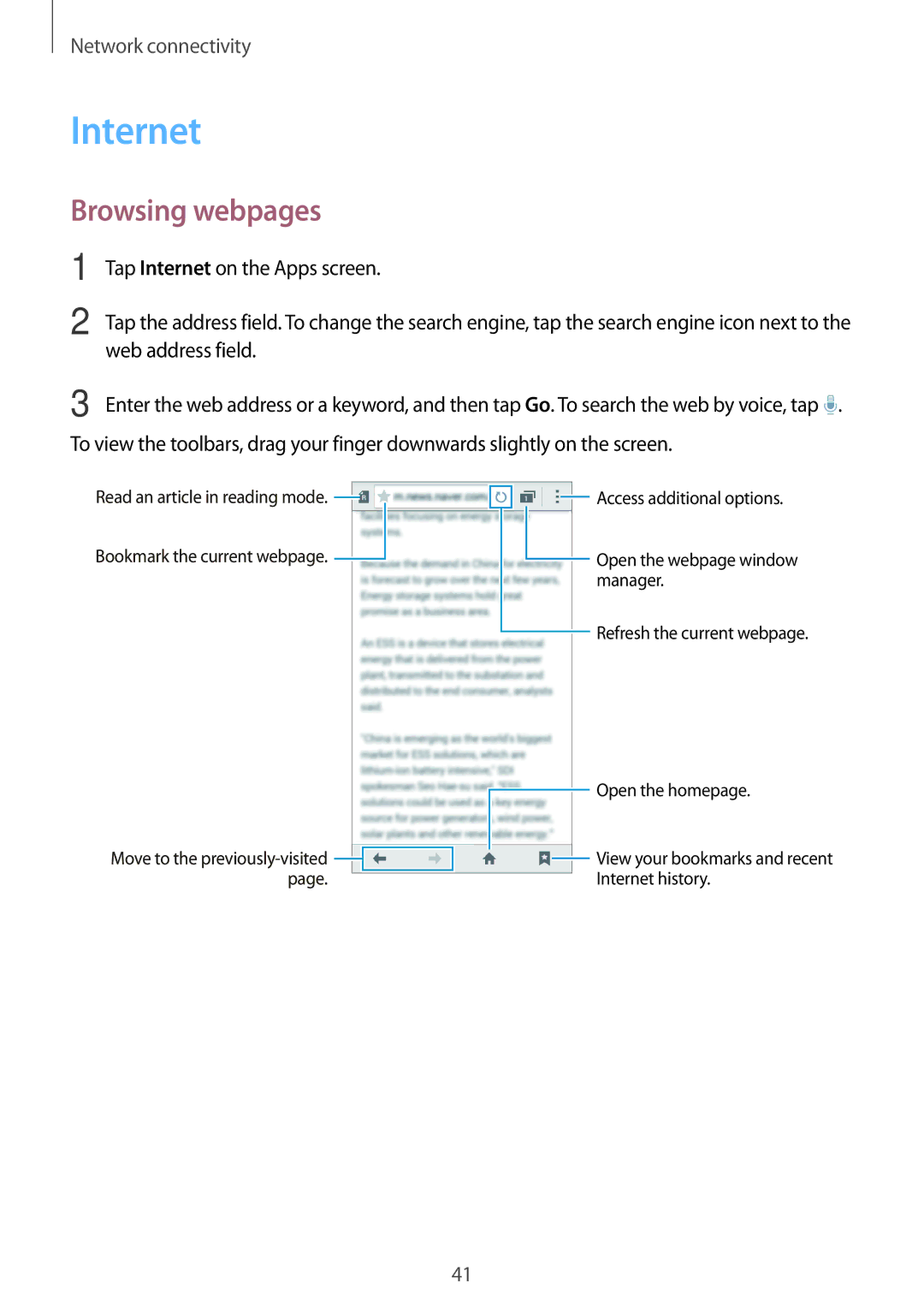 Samsung SM-G530HZWVSER, SM-G530HZADKSA, SM-G530HZADXXV, CG-G530HZABHTM, SM-G530HZAVXXV manual Internet, Browsing webpages 