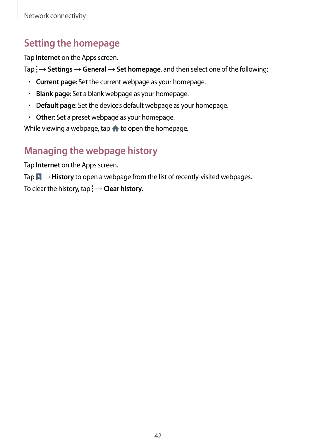 Samsung SM-G530HZADKSA, SM-G530HZADXXV, CG-G530HZABHTM, SM-G530HZAVXXV Setting the homepage, Managing the webpage history 