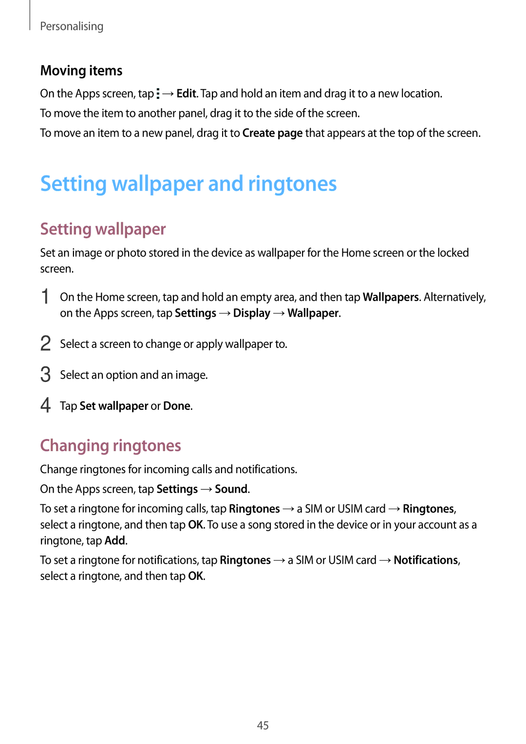 Samsung SM-G530HZAVXXV manual Setting wallpaper and ringtones, Changing ringtones, Moving items, Tap Set wallpaper or Done 