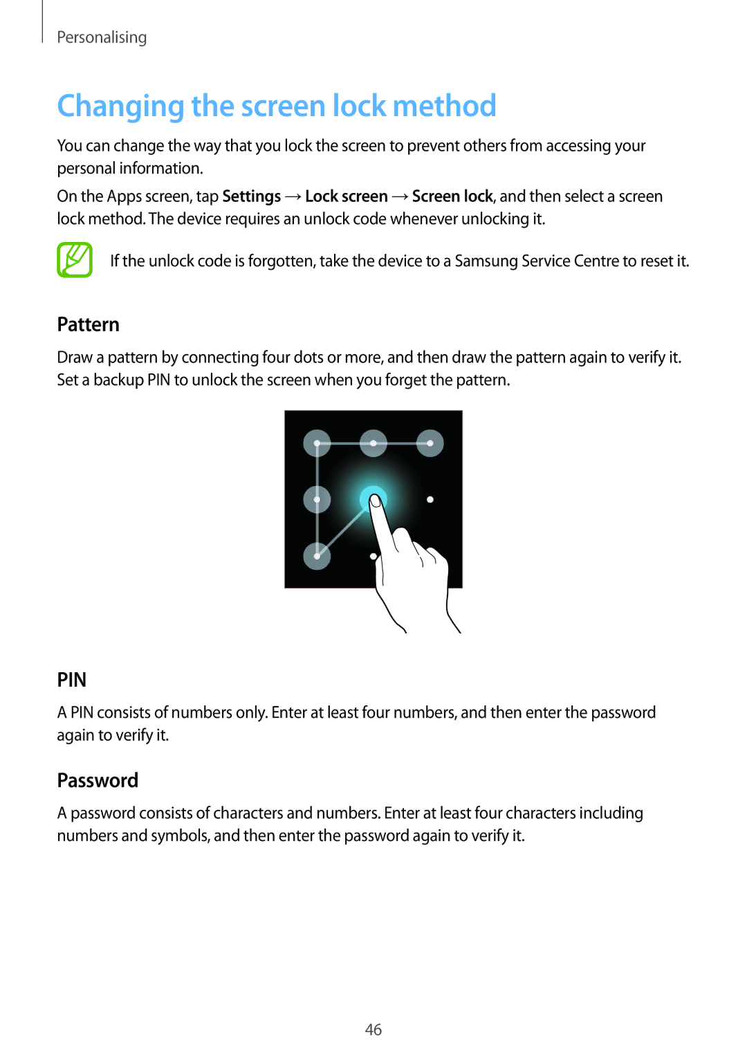 Samsung SM-G530HZWDXXV, SM-G530HZADKSA, SM-G530HZADXXV, CG-G530HZABHTM Changing the screen lock method, Pattern, Password 