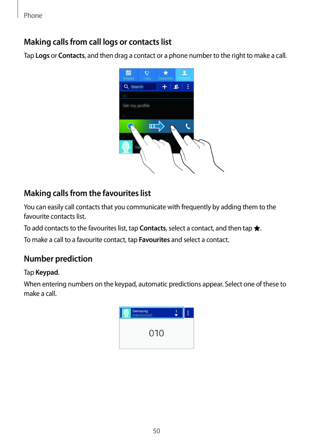 Samsung SM-G530HZDVSER Making calls from call logs or contacts list, Making calls from the favourites list, Tap Keypad 