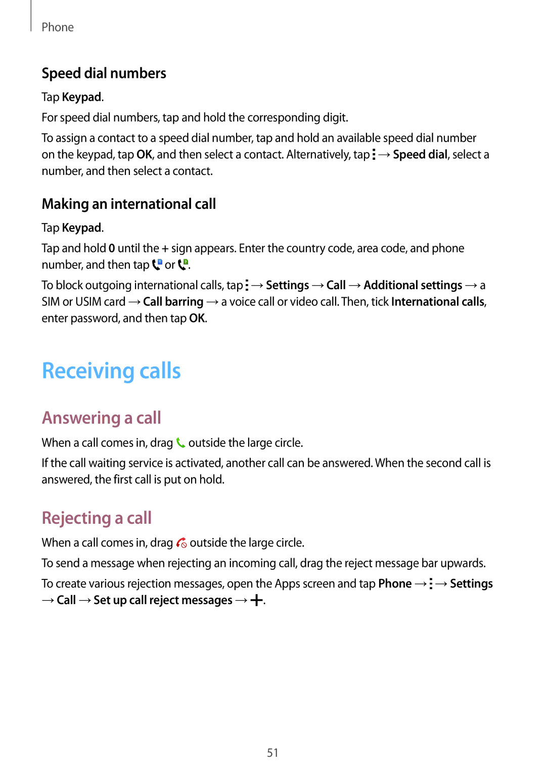 Samsung SM-G530HZADMBC, SM-G530HZADKSA manual Receiving calls, Answering a call, Rejecting a call, Speed dial numbers 