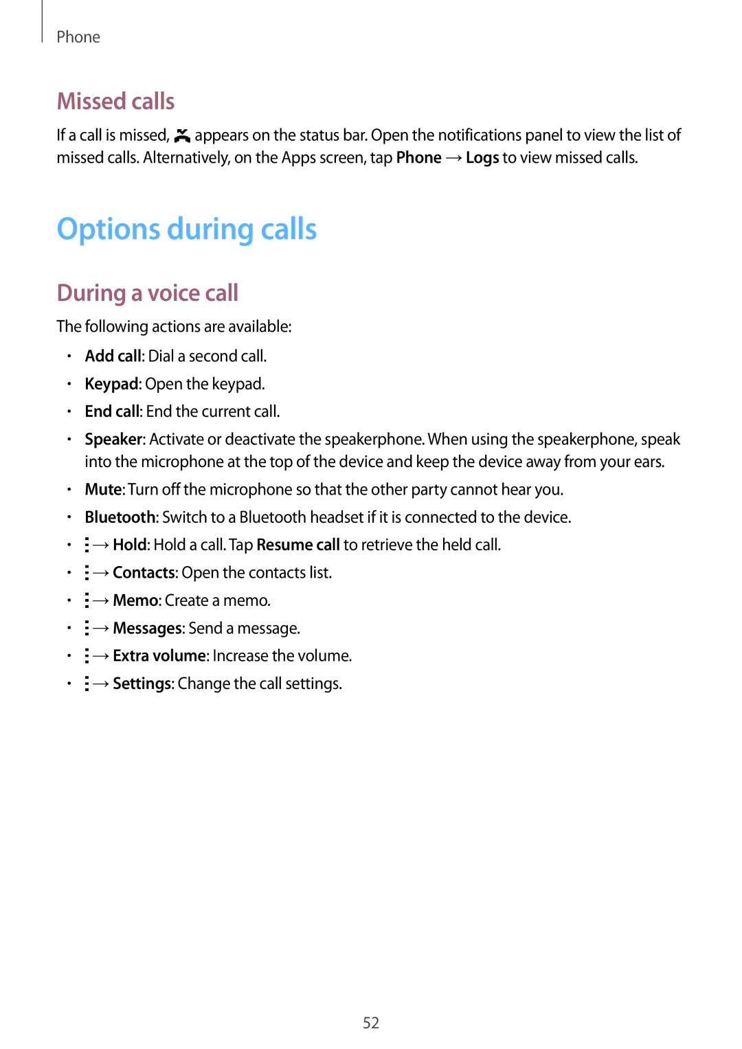 Samsung SM-G530HZWDMBC, SM-G530HZADKSA, SM-G530HZADXXV manual Options during calls, Missed calls, During a voice call 