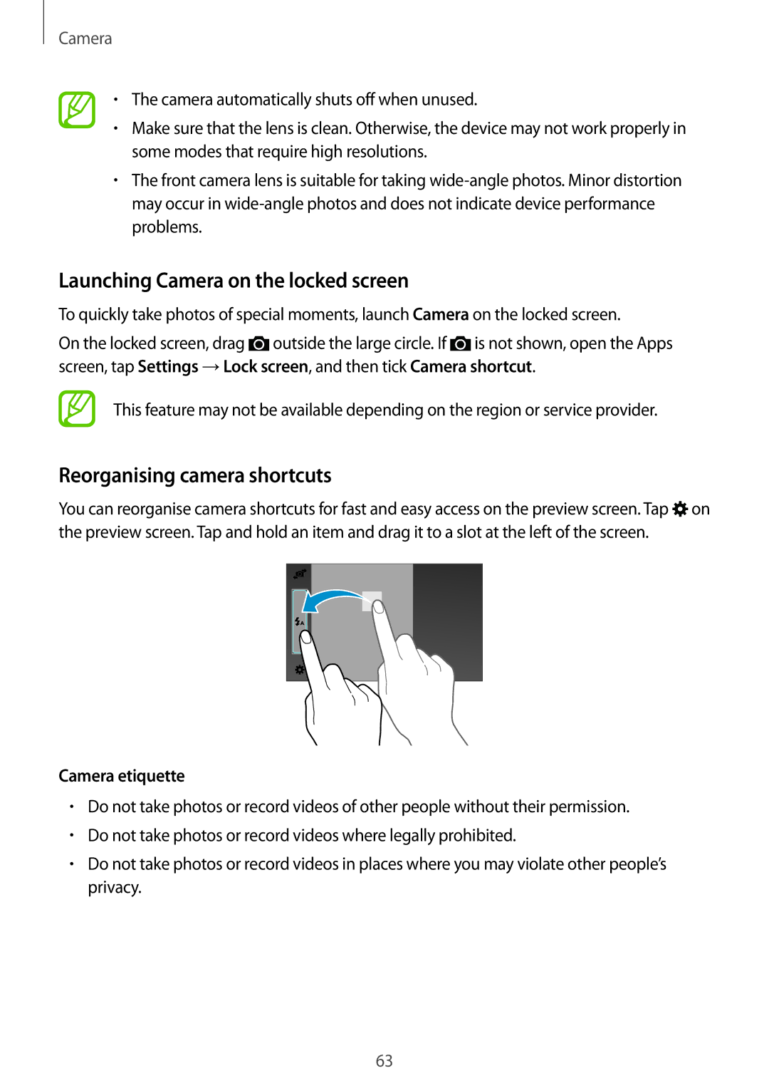 Samsung SM-G530HZADSER manual Launching Camera on the locked screen, Reorganising camera shortcuts, Camera etiquette 