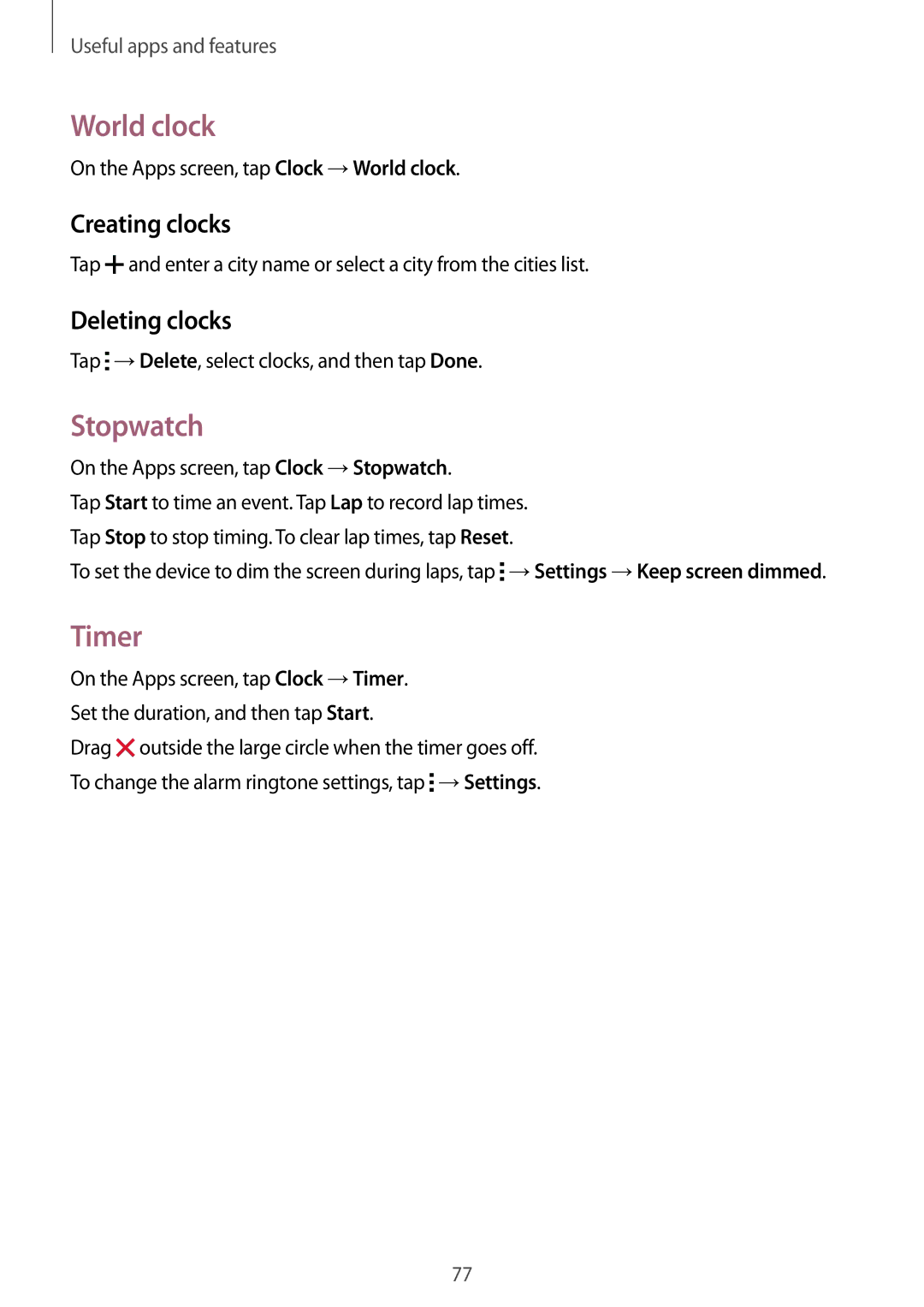 Samsung SM-G530HZADSER, SM-G530HZADKSA, SM-G530HZADXXV manual World clock, Stopwatch, Timer, Creating clocks, Deleting clocks 