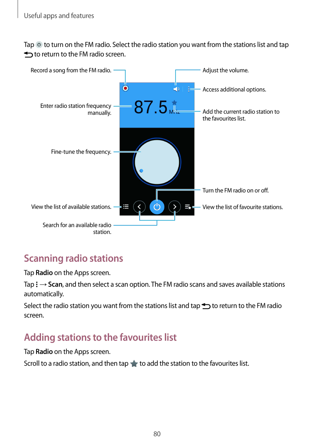 Samsung SM-G530HZWDMBC, SM-G530HZADKSA, SM-G530HZADXXV manual Scanning radio stations, Adding stations to the favourites list 