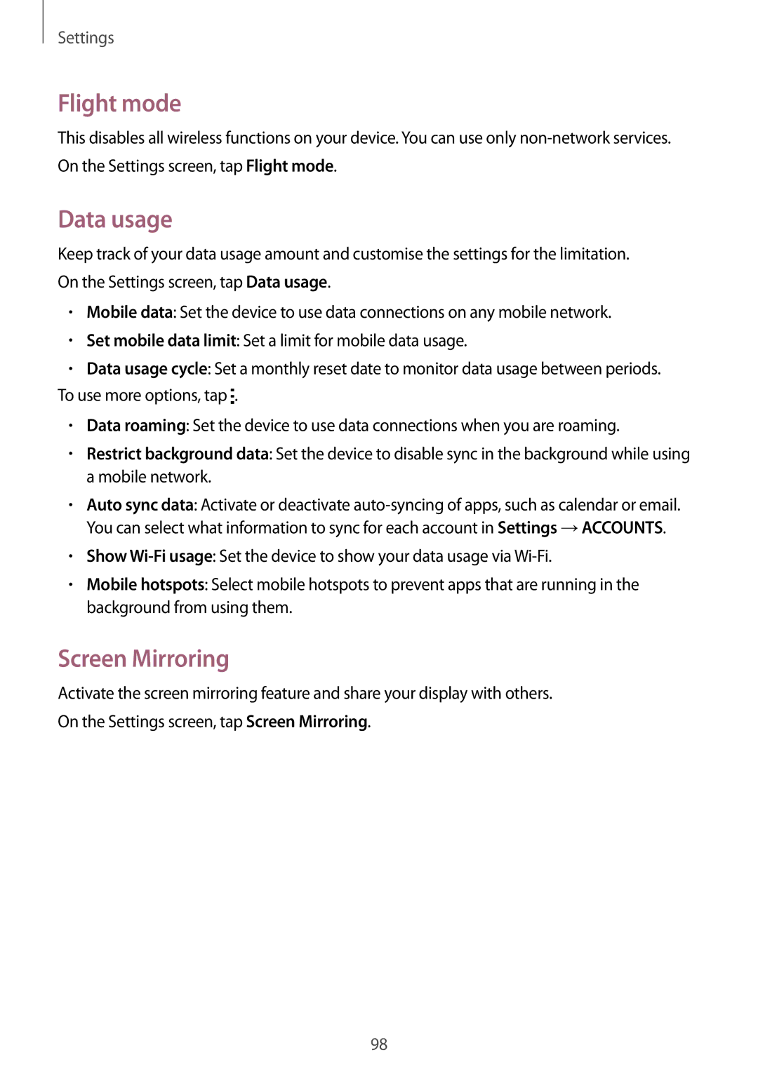 Samsung SM-G530HZADKSA, SM-G530HZADXXV, CG-G530HZABHTM, SM-G530HZAVXXV manual Flight mode, Data usage, Screen Mirroring 