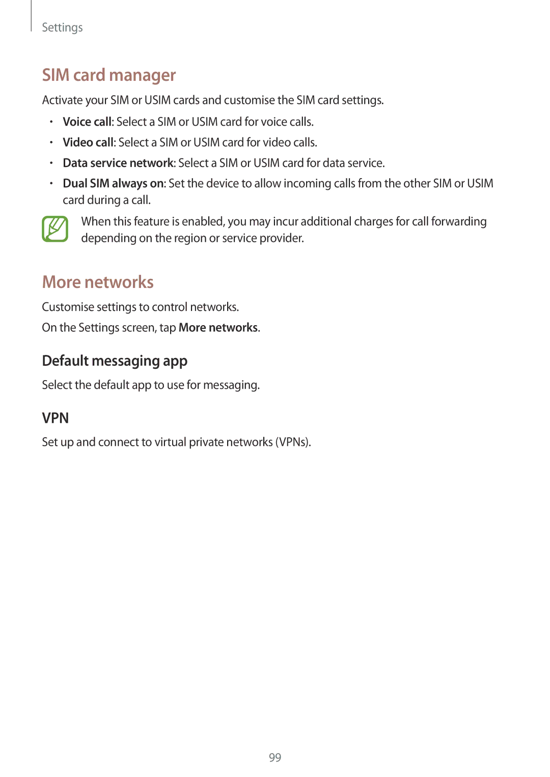 Samsung SM-G530HZADXXV, SM-G530HZADKSA, CG-G530HZABHTM manual SIM card manager, More networks, Default messaging app 