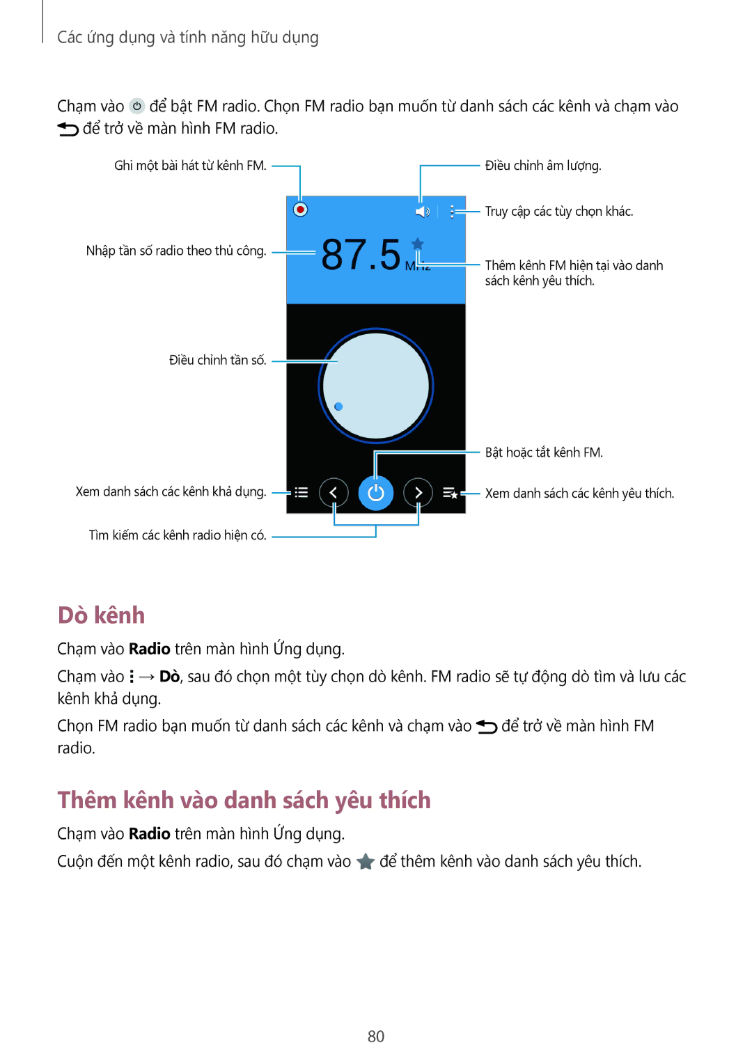 Samsung SM-G530HZAVXXV, SM-G530HZADXXV, CG-G530HZABHTM, SM-G530HZWDXXV manual Dò kênh, Thêm kênh và̀o danh sách yêu thích 