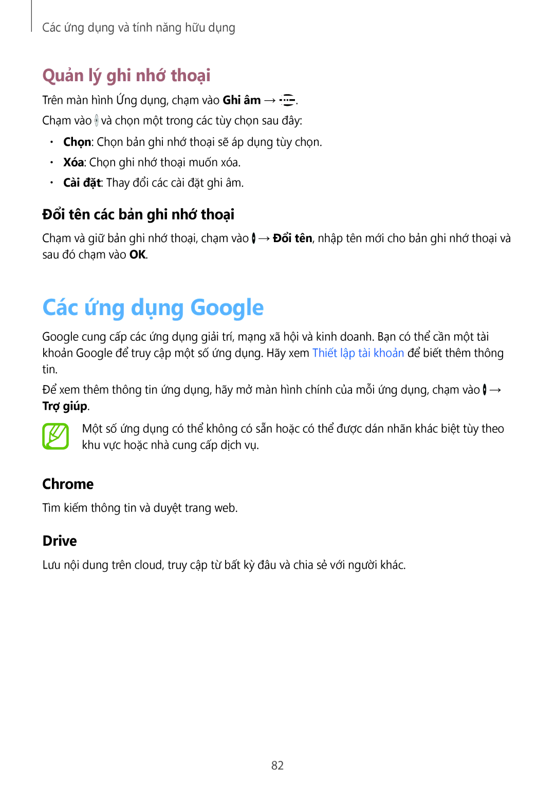 Samsung SM-G530HZWVXXV manual Các ứng dụng Google, Quản lý ghi nhớ thoại, Đổi tên các bản ghi nhớ thoại, Chrome, Drive 