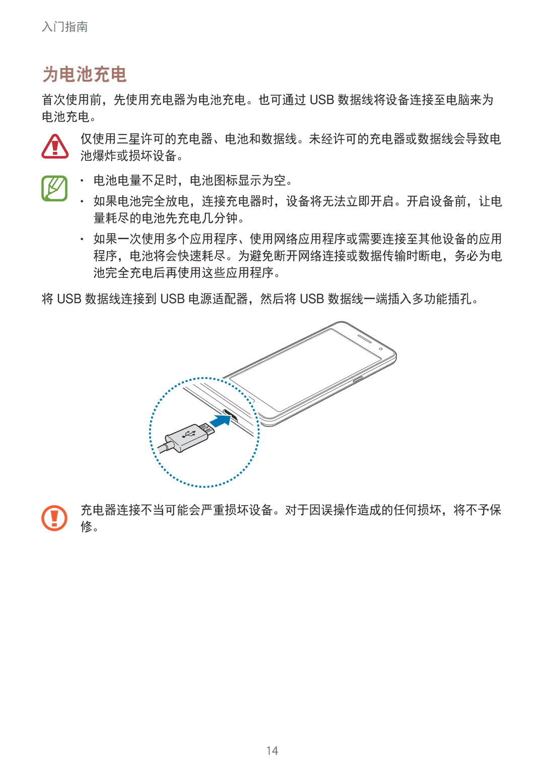 Samsung SM-G530HZAVXXV, SM-G530HZADXXV manual 首次使用前，先使用充电器为电池充电。也可通过 Usb 数据线将设备连接至电脑来为 电池充电。, 电池电量不足时，电池图标显示为空。 