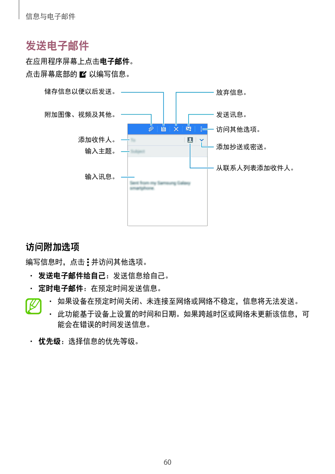 Samsung SM-G530HZADXXV, CG-G530HZABHTM, SM-G530HZAVXXV, SM-G530HZWDXXV, SM-G530HZWVXXV manual 发送电子邮件, 访问附加选项, 优先级：选择信息的优先等级。 