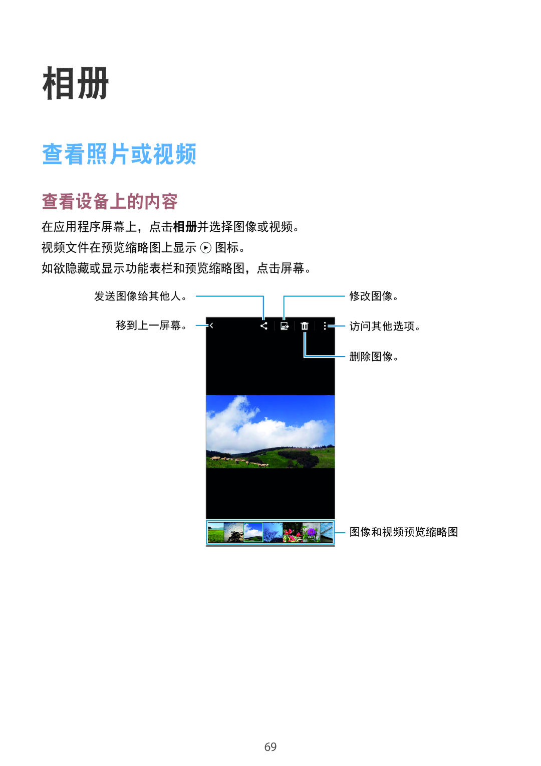 Samsung SM-G530HZWDXXV, SM-G530HZADXXV, CG-G530HZABHTM, SM-G530HZAVXXV manual 查看照片或视频, 查看设备上的内容, 如欲隐藏或显示功能表栏和预览缩略图，点击屏幕。 