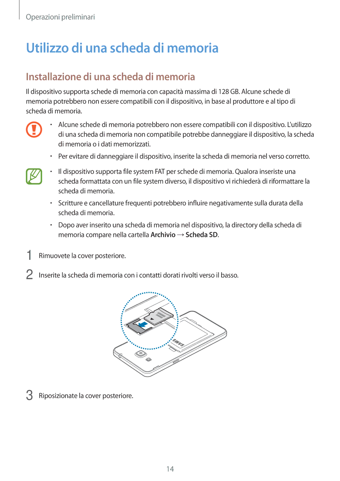 Samsung SM-G531FZDAPRT, SM-G531FZAAPLS manual Utilizzo di una scheda di memoria, Installazione di una scheda di memoria 