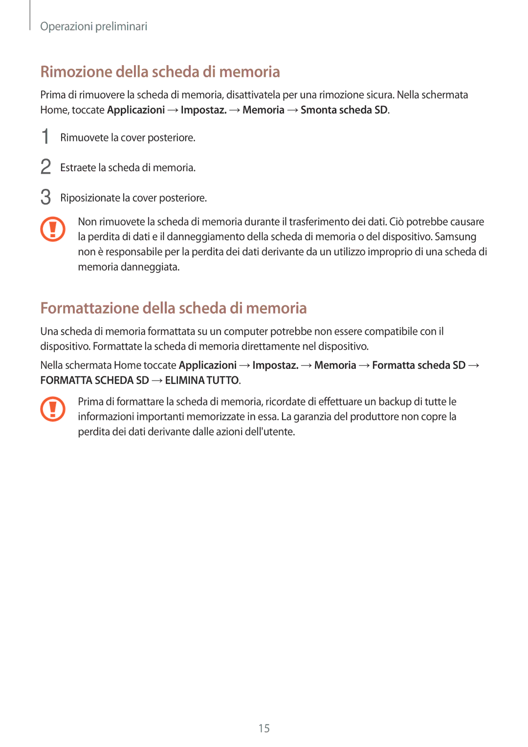 Samsung SM-G531FZWAXEF, SM-G531FZAAPLS manual Rimozione della scheda di memoria, Formattazione della scheda di memoria 