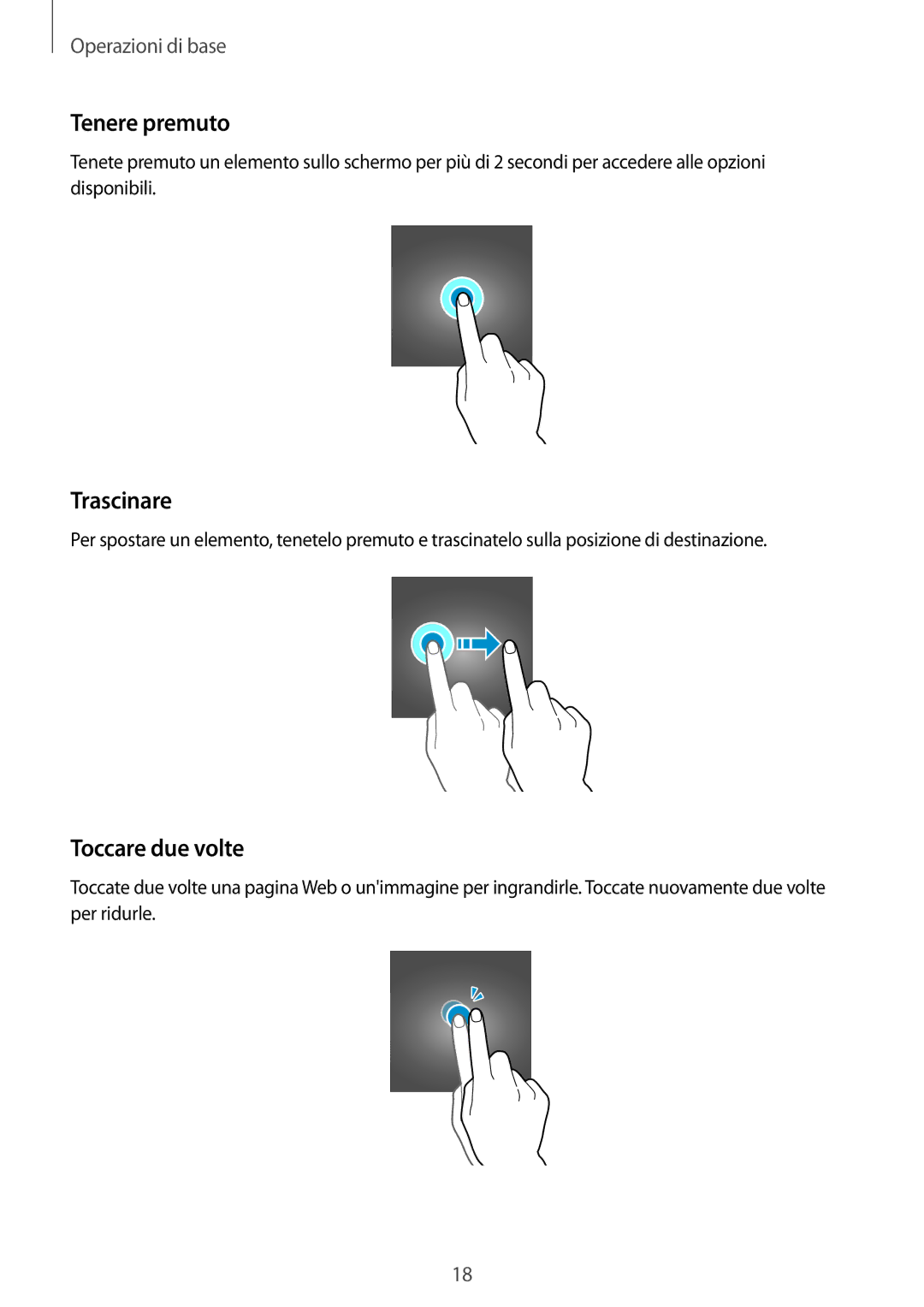 Samsung SM-G531FZWAHUI, SM-G531FZAAPLS, SM-G531FZAATUR, SM-G531FZAADPL manual Tenere premuto, Trascinare, Toccare due volte 