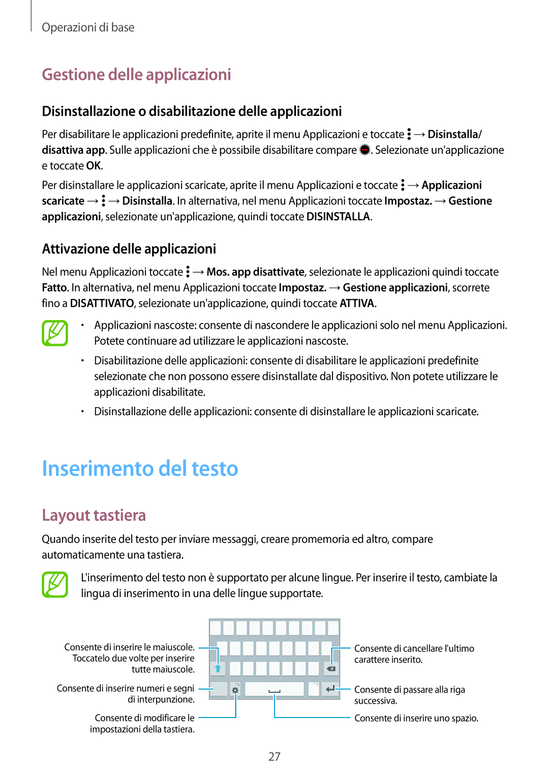 Samsung SM-G531FZAATUR Inserimento del testo, Gestione delle applicazioni, Layout tastiera, Attivazione delle applicazioni 