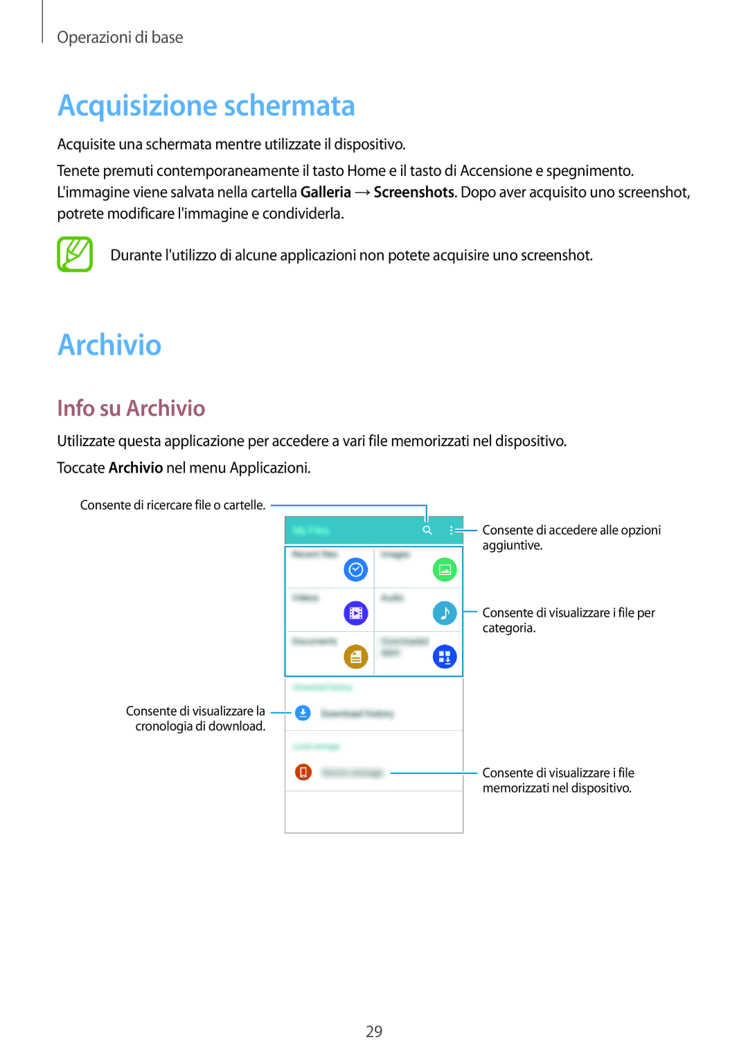 Samsung SM-G531FZWAIDE, SM-G531FZAAPLS, SM-G531FZAATUR, SM-G531FZAADPL manual Acquisizione schermata, Info su Archivio 