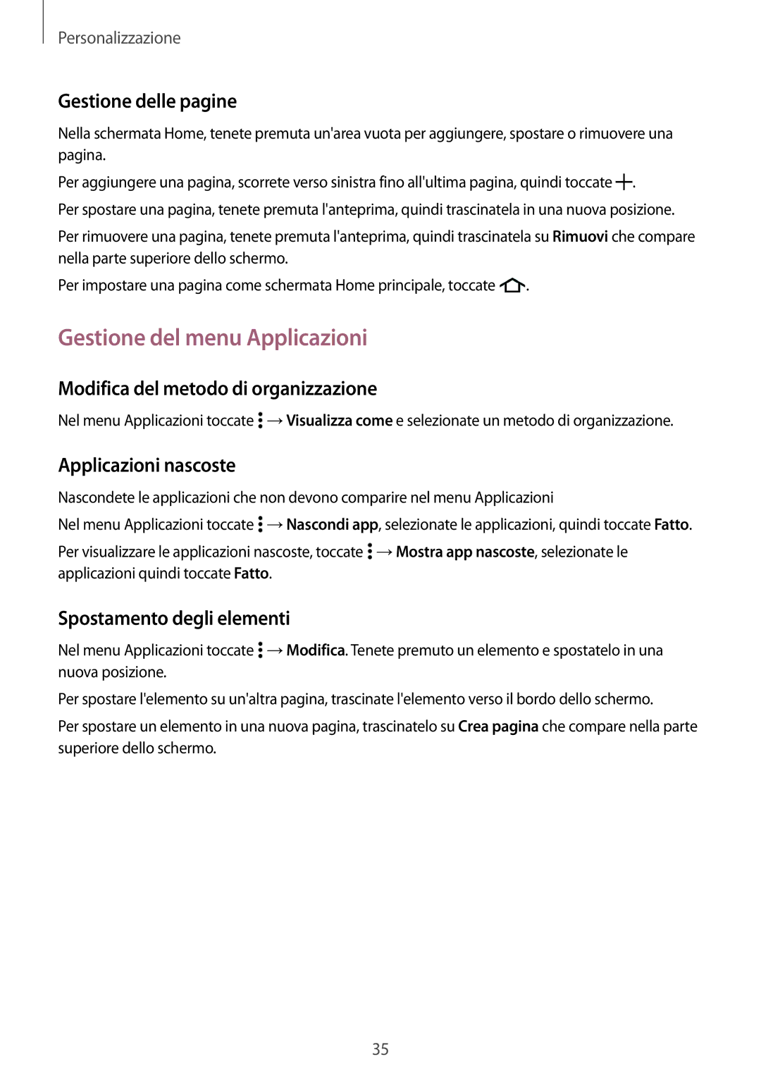 Samsung SM-G531FZWAPLS manual Gestione del menu Applicazioni, Gestione delle pagine, Modifica del metodo di organizzazione 