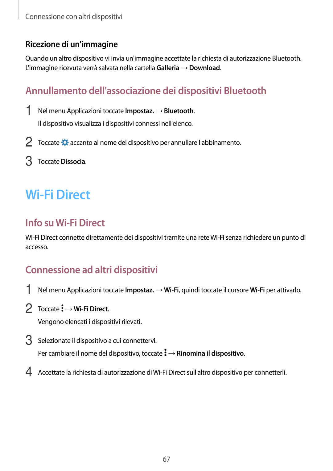 Samsung SM-G531FZWAXEF, SM-G531FZAAPLS Annullamento dellassociazione dei dispositivi Bluetooth, Info su Wi-Fi Direct 